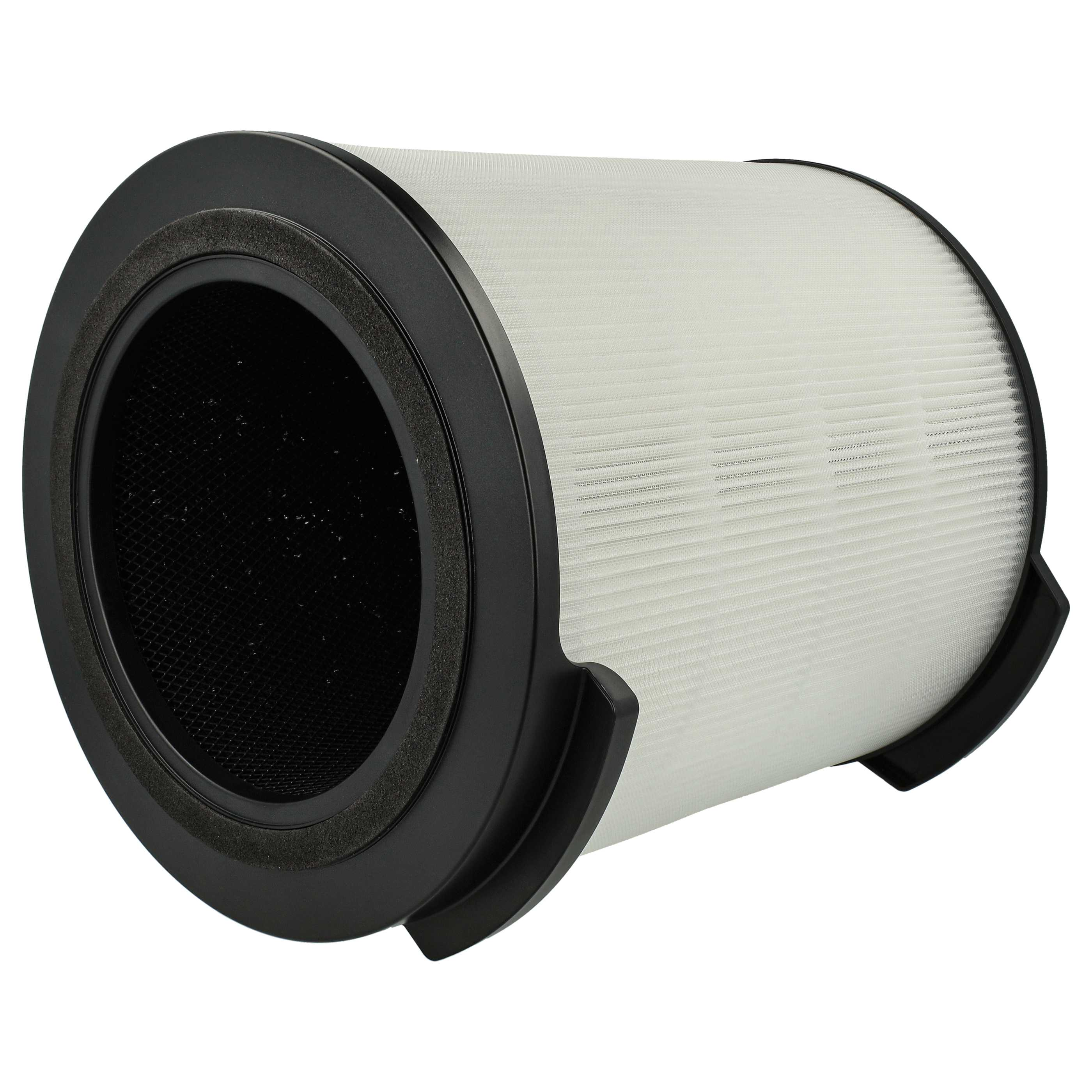 Zylindrischer Luftfilter mit weißem, plissiertem Filterelement. Der Filter wird von schwarzem Kunststoff umrahmt.