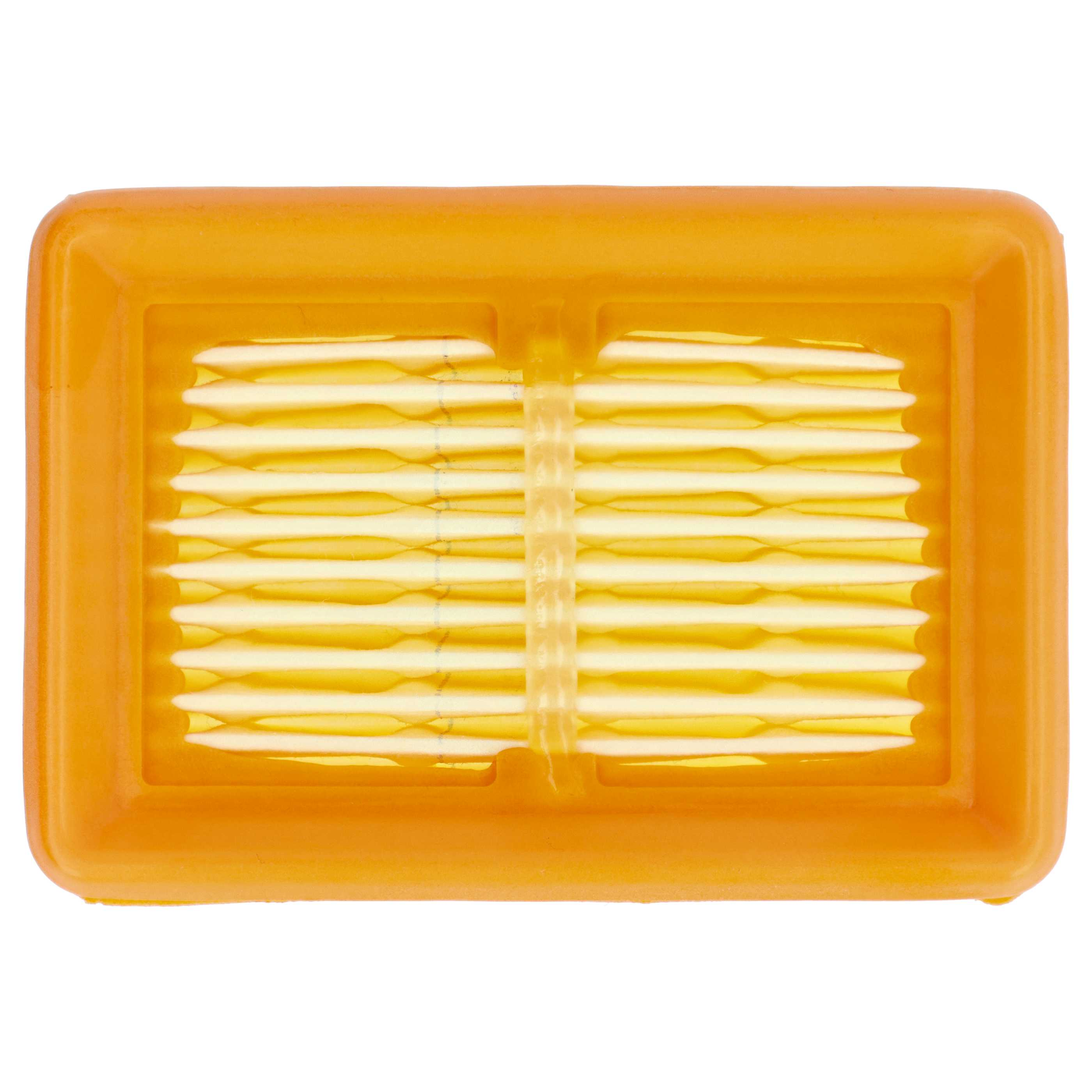 Ein orangefarbener Luftfilter, rechteckig mit internen gefalteten Filterelementen, von oben betrachtet. Weißer Hintergrund.