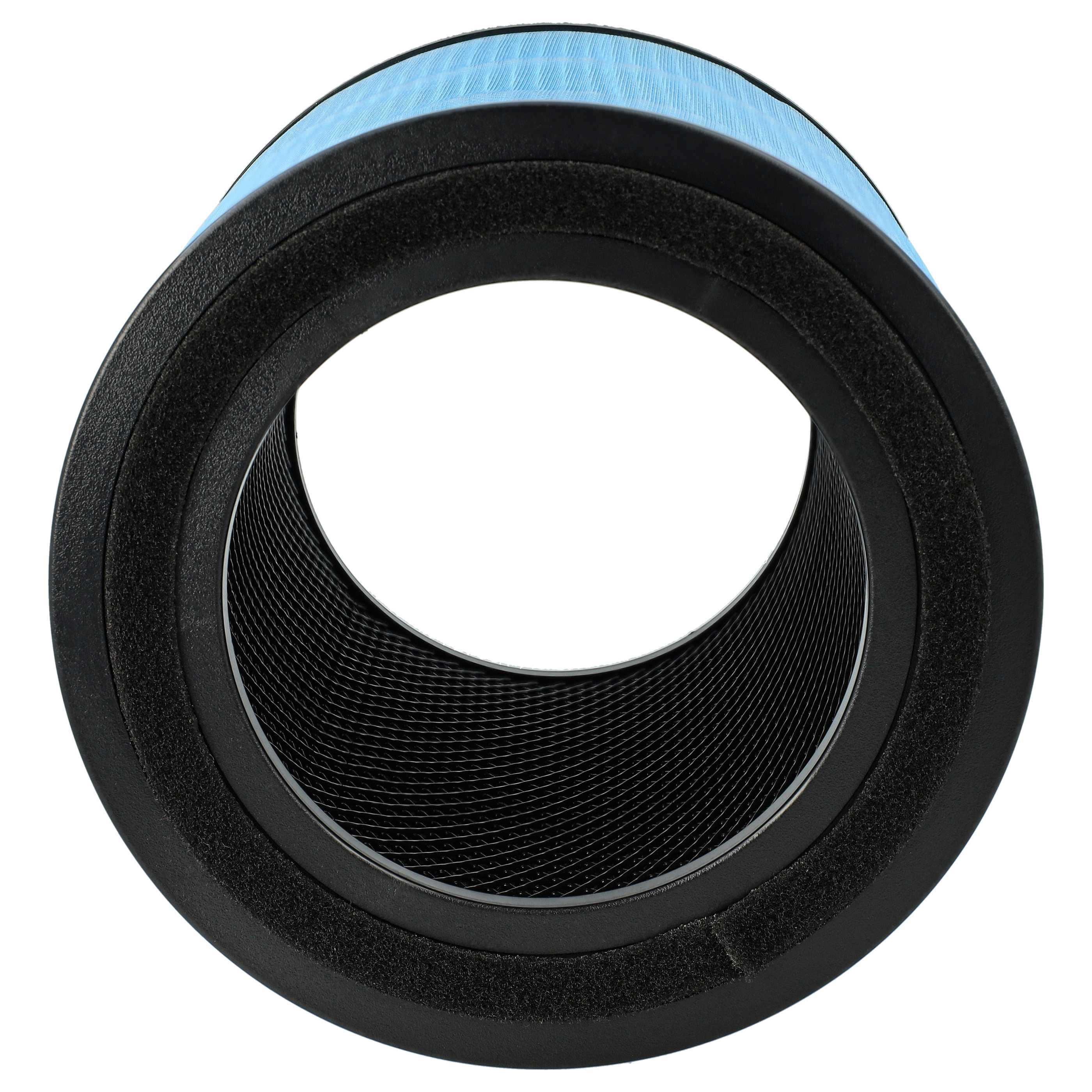 Ein zylindrischer Luftfilter mit blauem Filtermaterial und schwarzem Rahmen. Der Filter vor weißem Hintergrund.