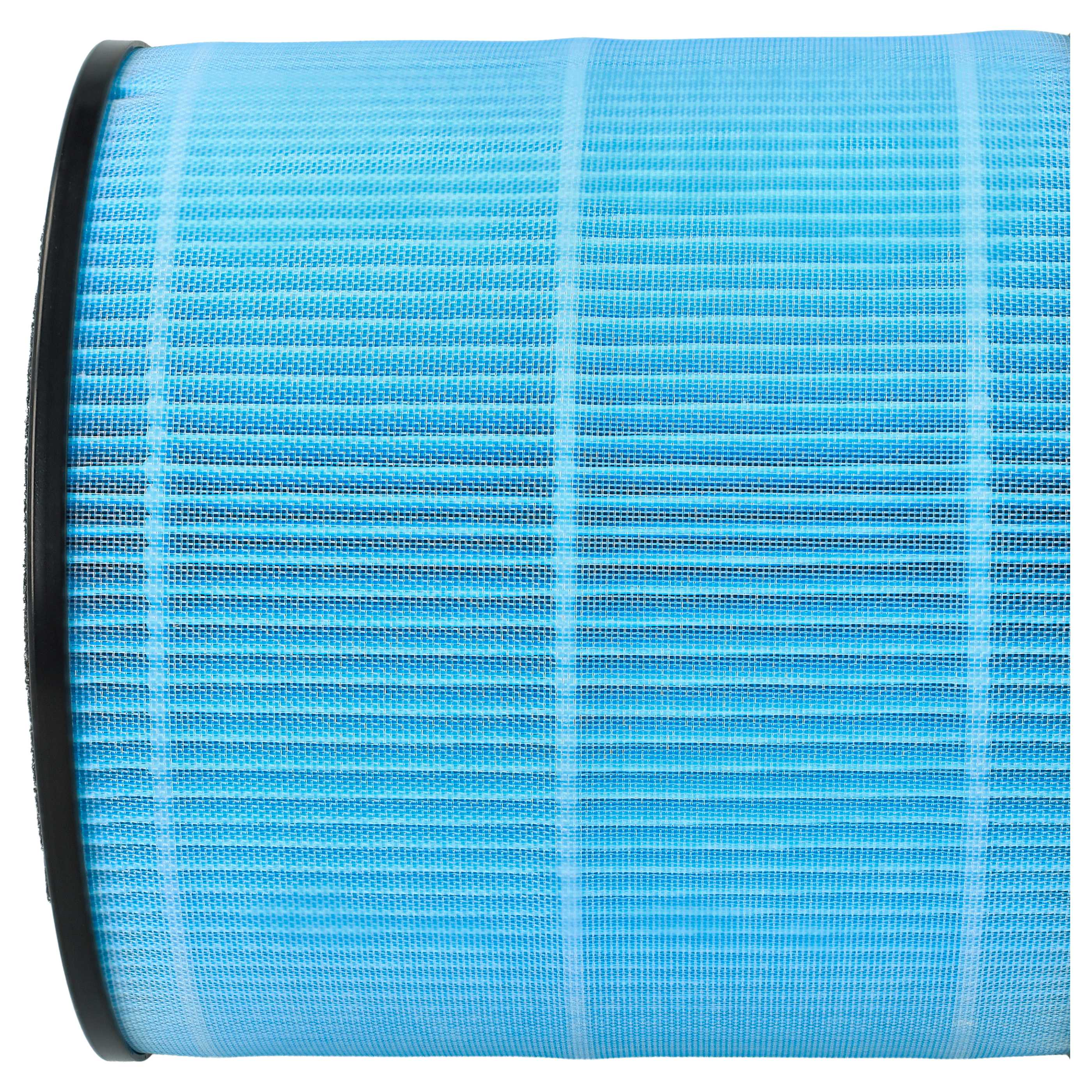 Nahaufnahme eines zylindrischen Luftfilters. Er hat ein blaues Netz mit schwarzen Rändern. Der Filter scheint neu zu sein.