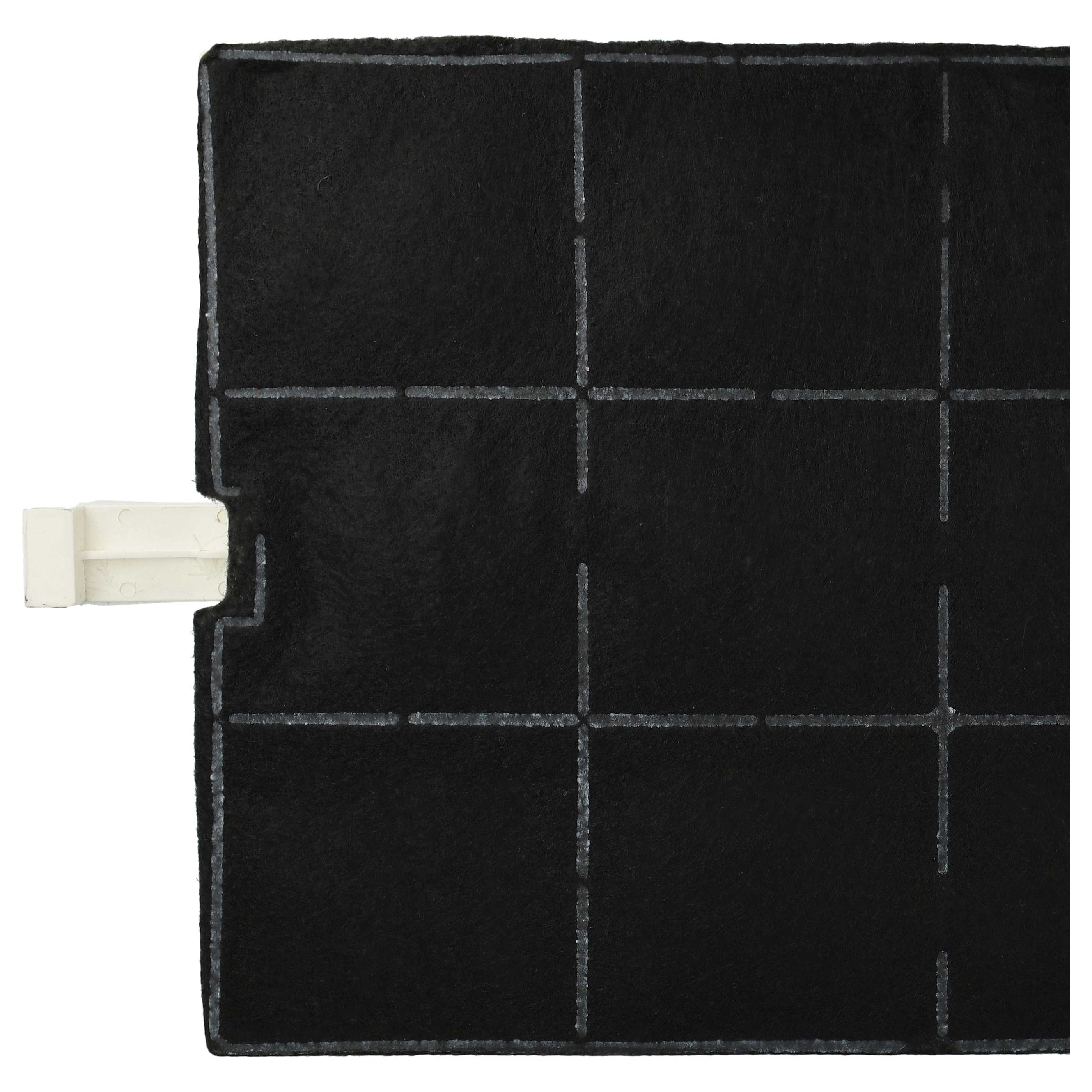 Ein schwarzer Filter mit weißen Gitterlinien und einem weißen Kunststoffaufsatz auf der linken Seite. Der Hintergrund ist weiß.