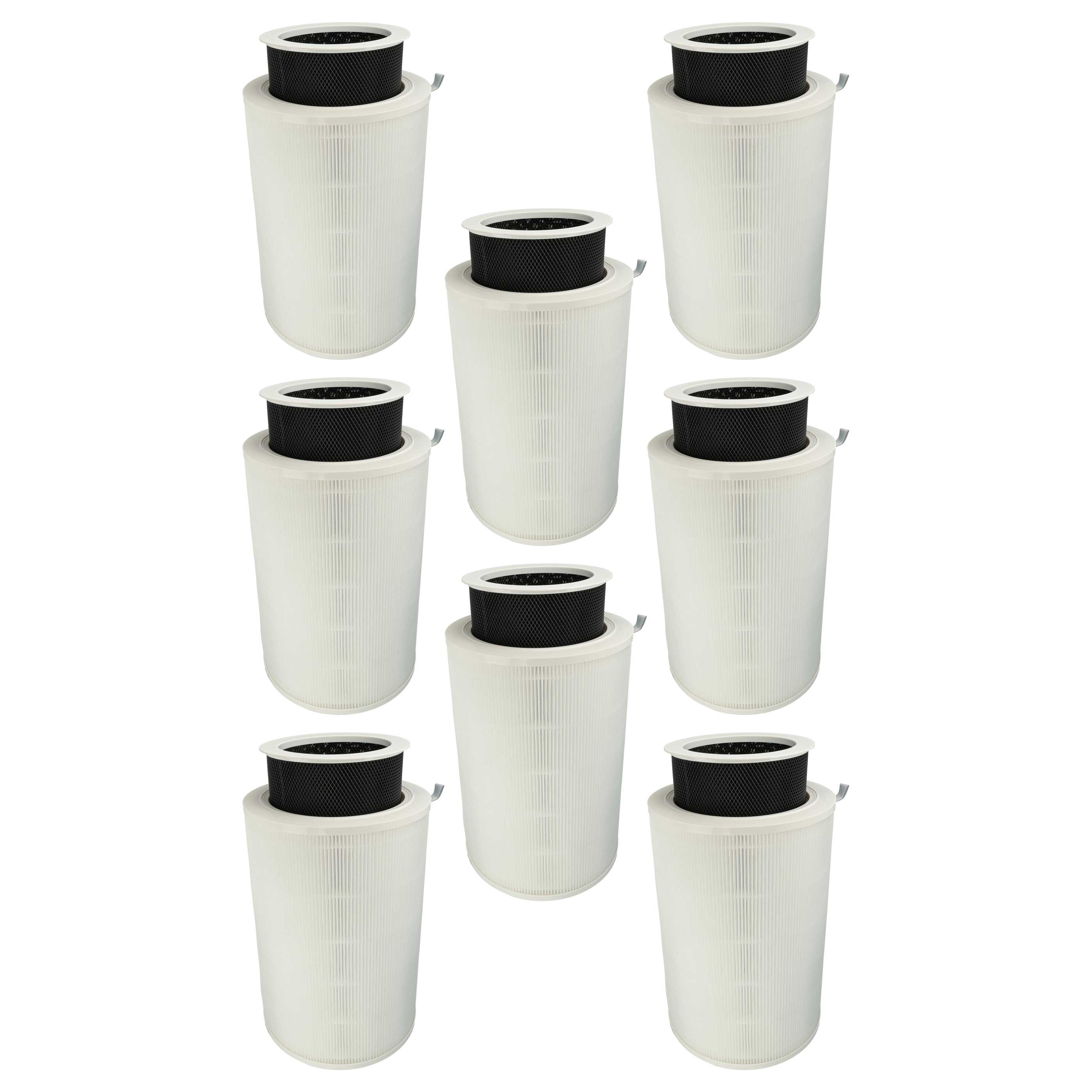 Neun Luftfilter. Jeder besteht aus einem weißen, plissierten Zylinder mit schwarzem Filter, weißem Rand und Metallclip.