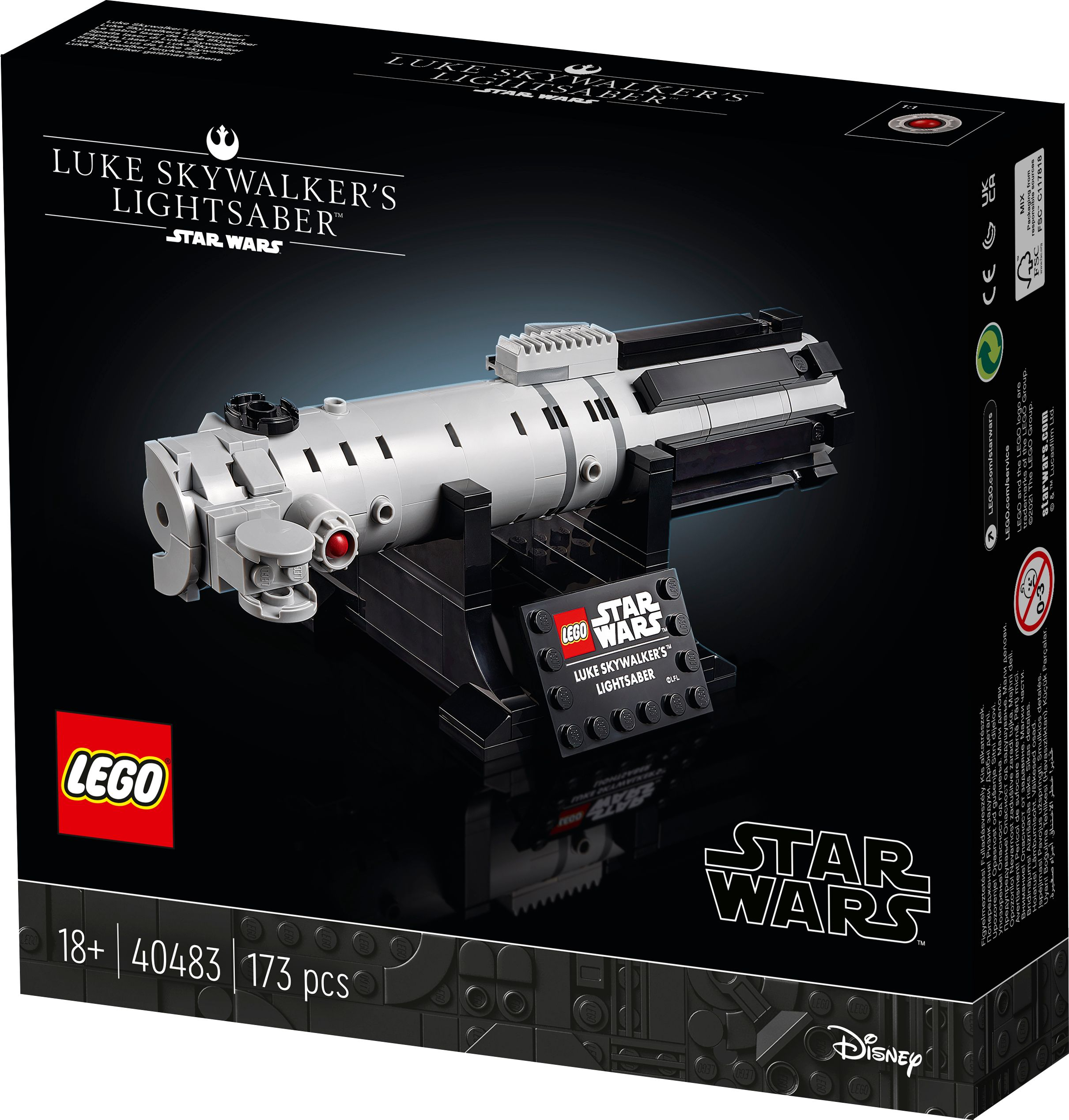 Scatola del set Lego Star Wars. Include il modello di spada laser su supporto nero. Loghi Lego e Star Wars visibili.