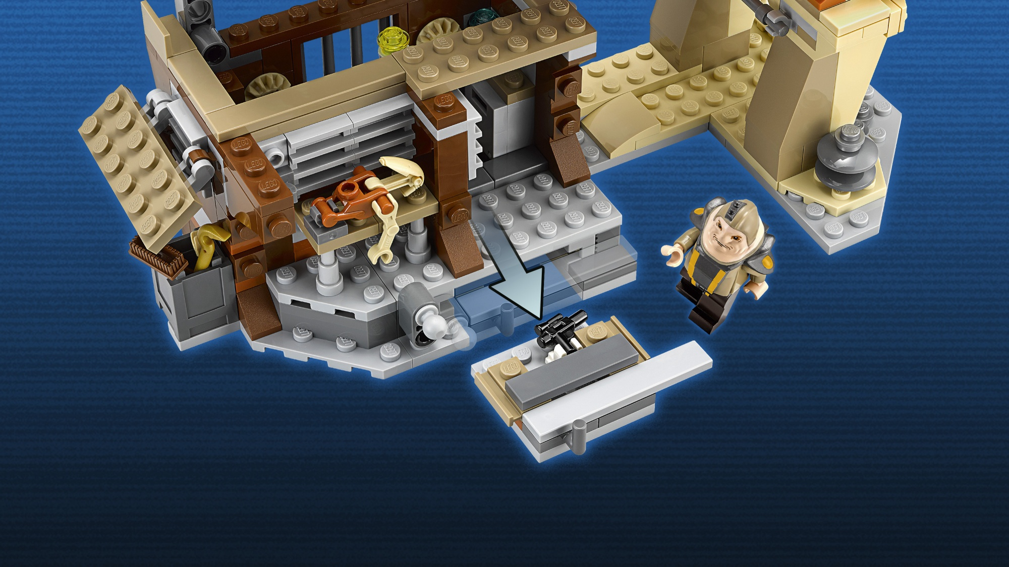 Set Lego con strutture marroni e beige, una minifigure, un droide e un'arma. La scena è ambientata su uno sfondo blu sfumato.