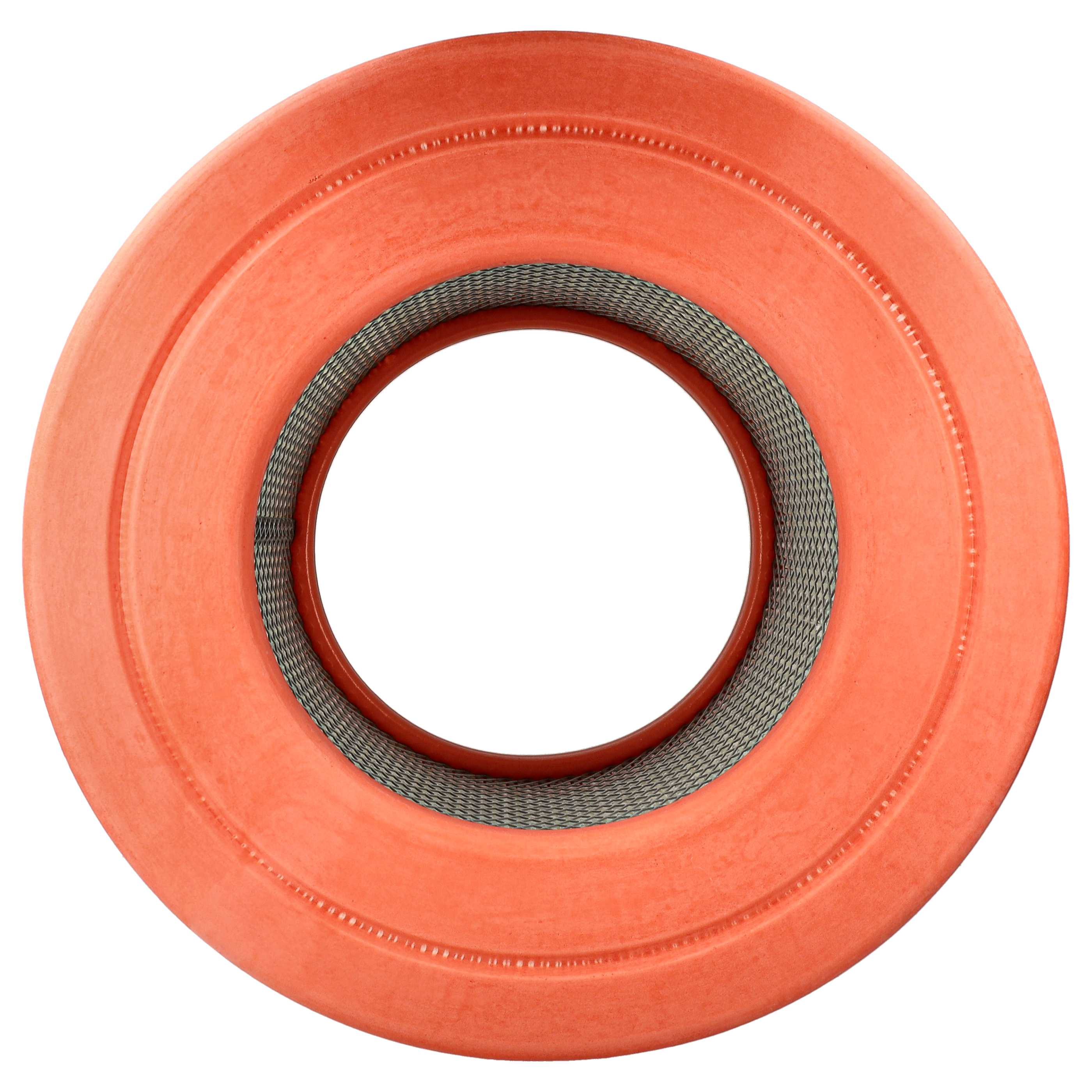 Ein orangefarbener, kreisförmiger Luftfilter. Er hat eine weiße Mitte, ein graues Netz und einen äußeren orangefarbenen Ring.