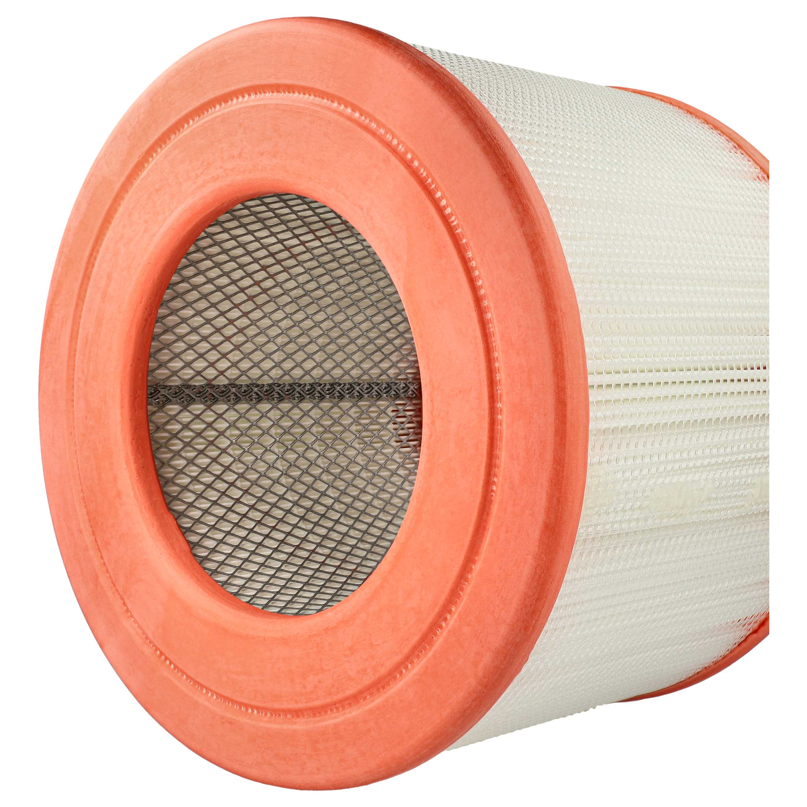 Ein zylindrischer Luftfilter mit orangefarbenem Rahmen und weißem, strukturiertem Filtermaterial. Die Mitte hat ein Metallgitter.
