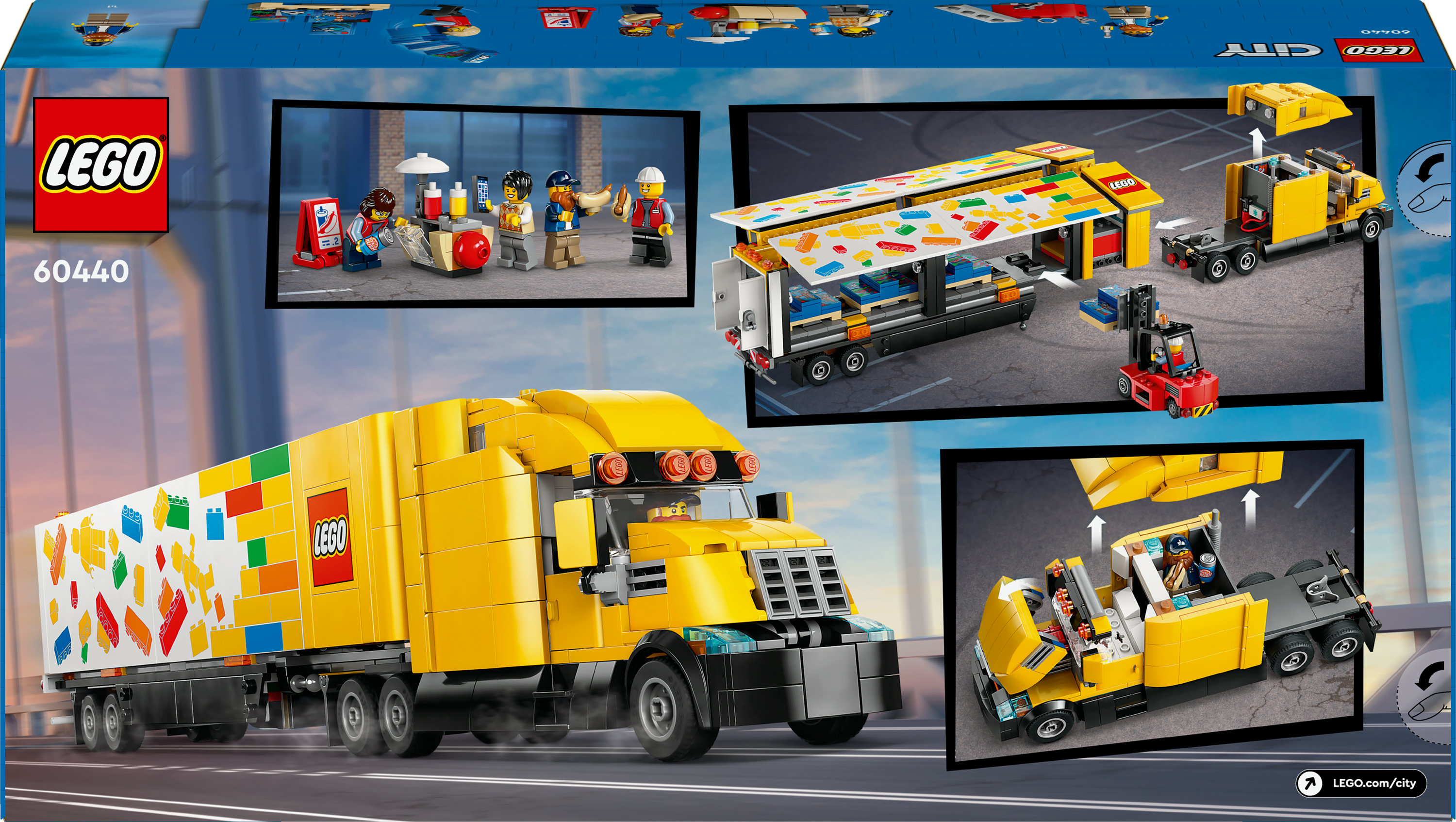 Zestaw LEGO City 60440. Żółta ciężarówka z przyczepą, sceny z budki z jedzeniem i detale ciężarówki. Zawiera minifigurki.