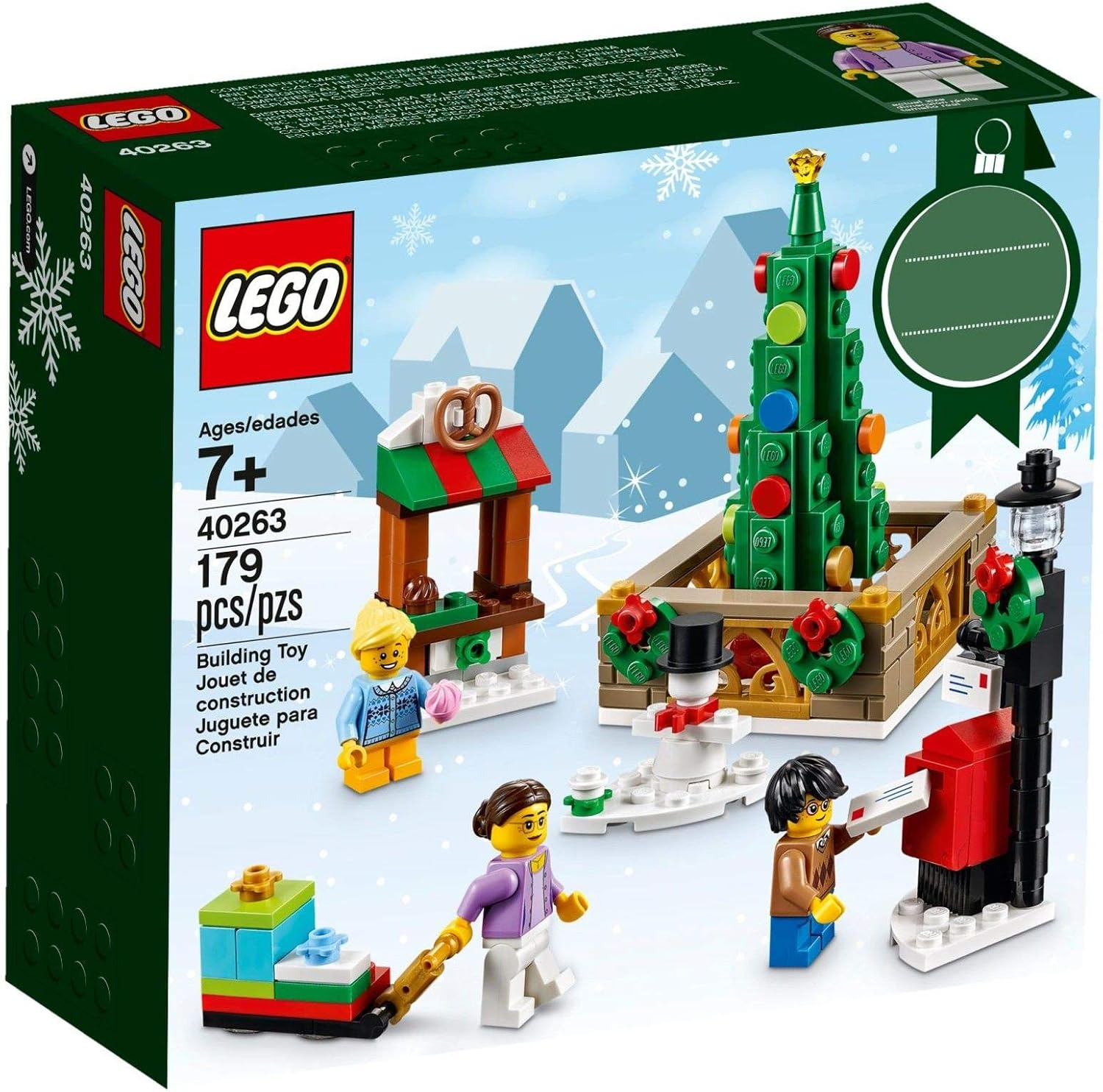 Bir LEGO Noel seti kutusu. Bir Noel ağacı, kardan adam, pazar tezgahı, figürler ve bir postane kutusu içerir.