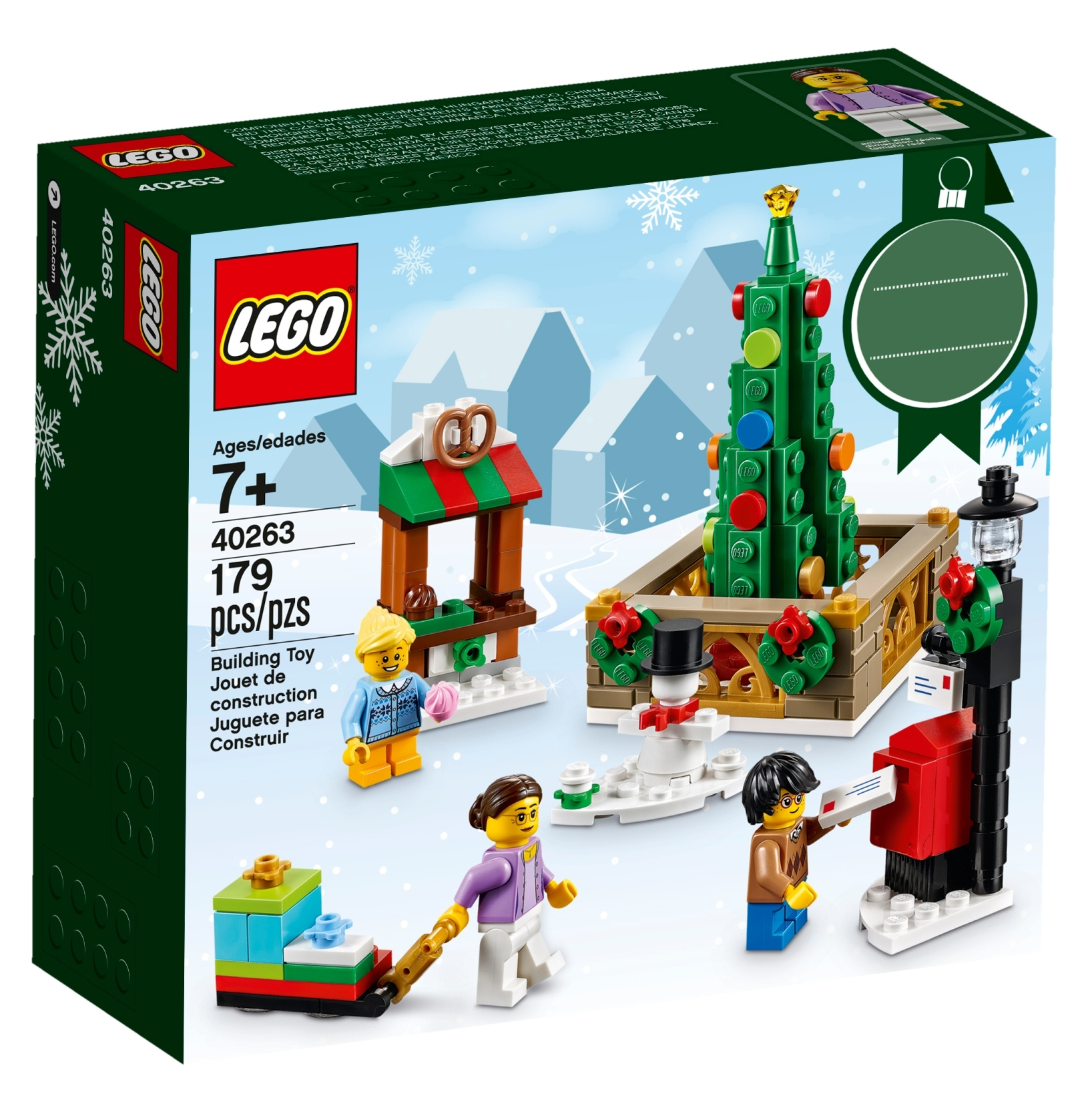 LEGO Noel seti kutusu. Bir Noel ağacı, kardan adam, pazar tezgahı, figürler ve kış sahnesinde bir posta kutusu içerir.