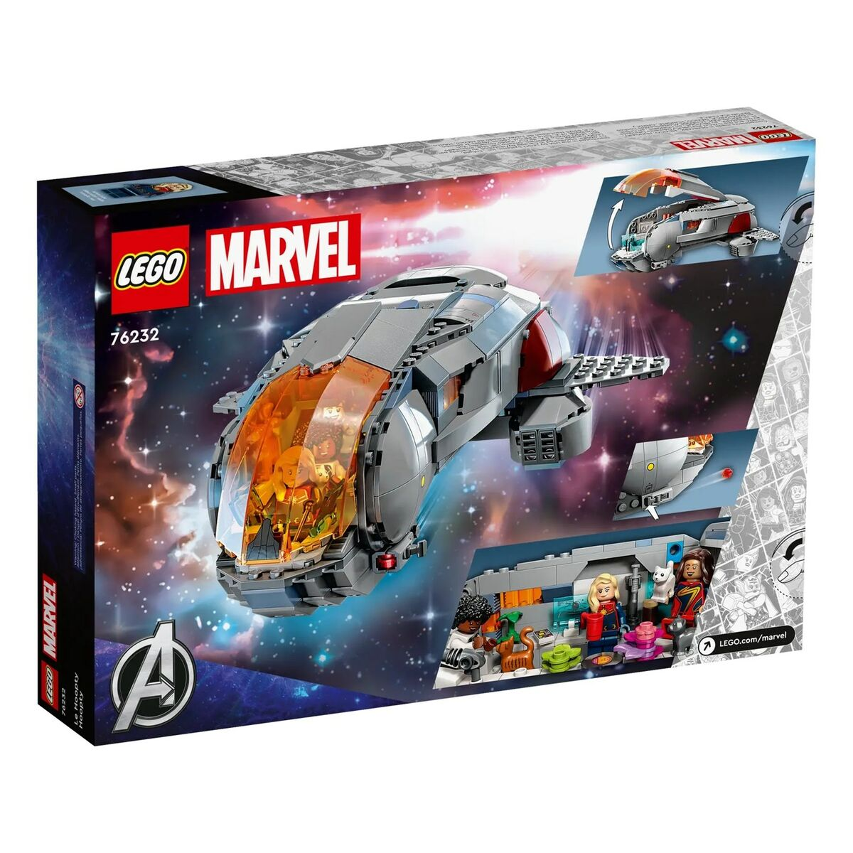 LEGO Marvel set kutusu, uzay gemisi modeli, karakterler ve Marvel logosu ile uzay arka planına karşı.