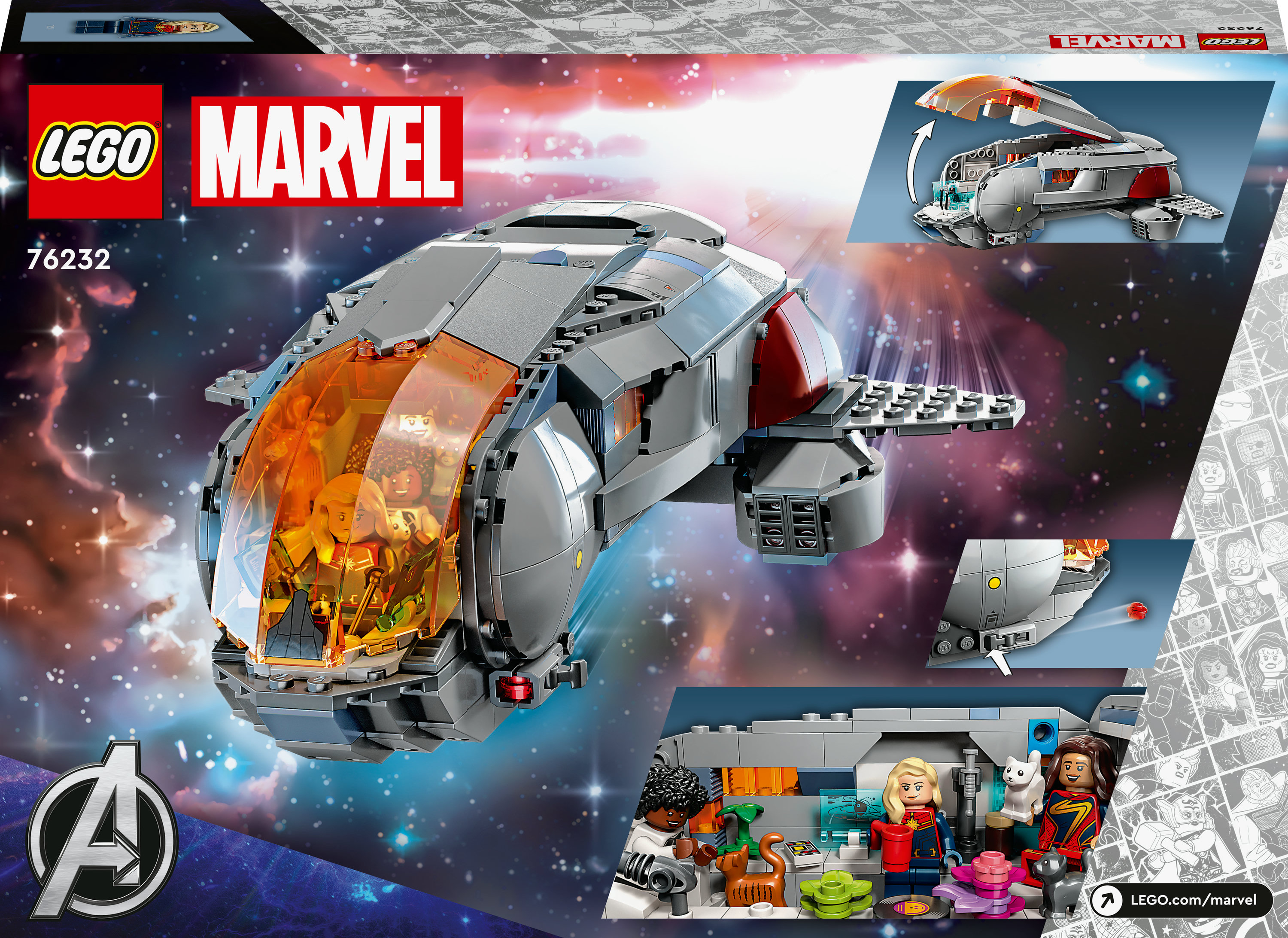 LEGO Marvel seti. Turuncu kokpitli gri bir uzay gemisi. Minifigürler ve küçük bir iç mekan sahnesi içerir.