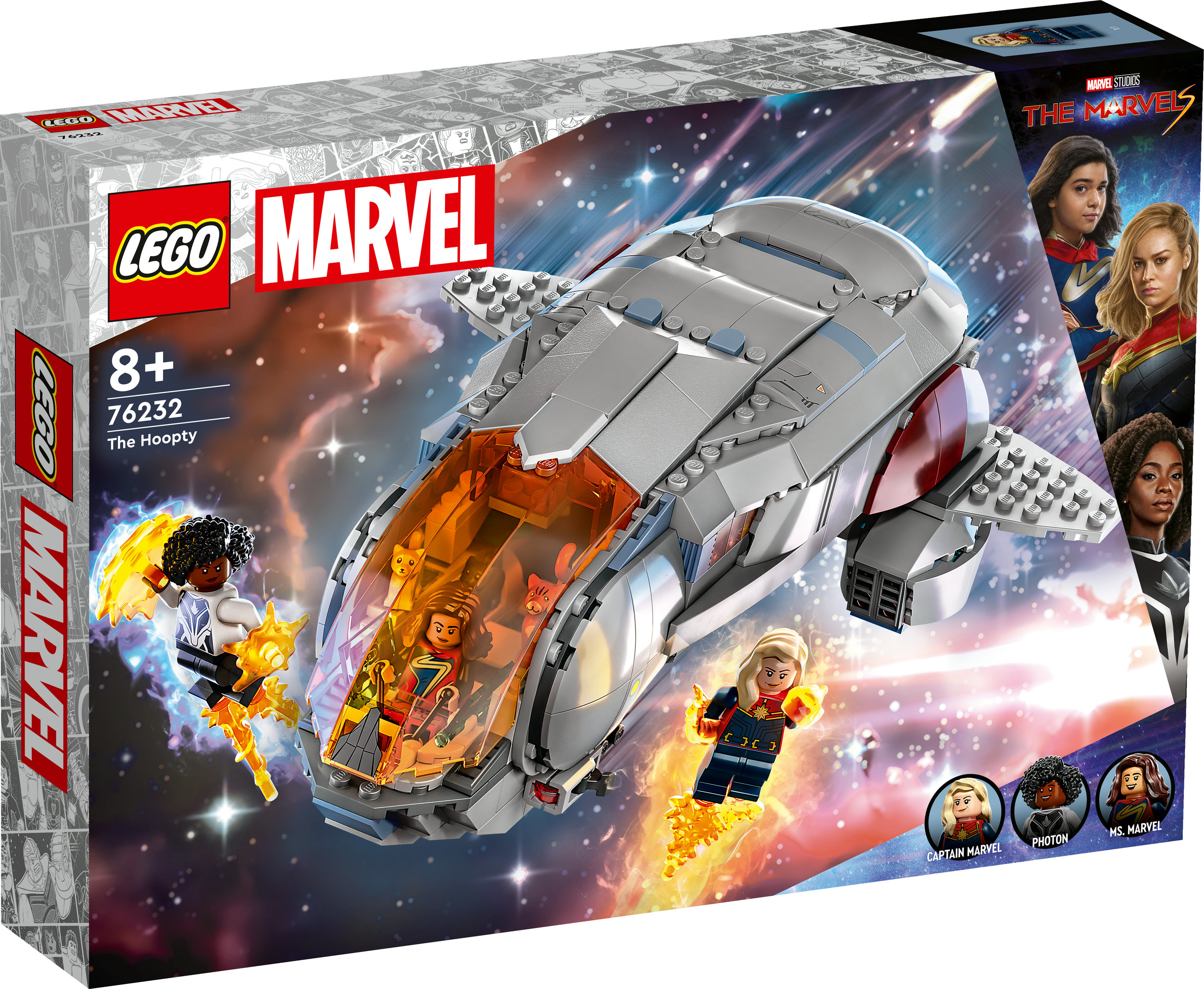 Lego Marvel set kutusu. Hoopty uzay gemisi ve minifigürler. Captain Marvel, Photon ve Ms. Marvel karakterlerini içerir.