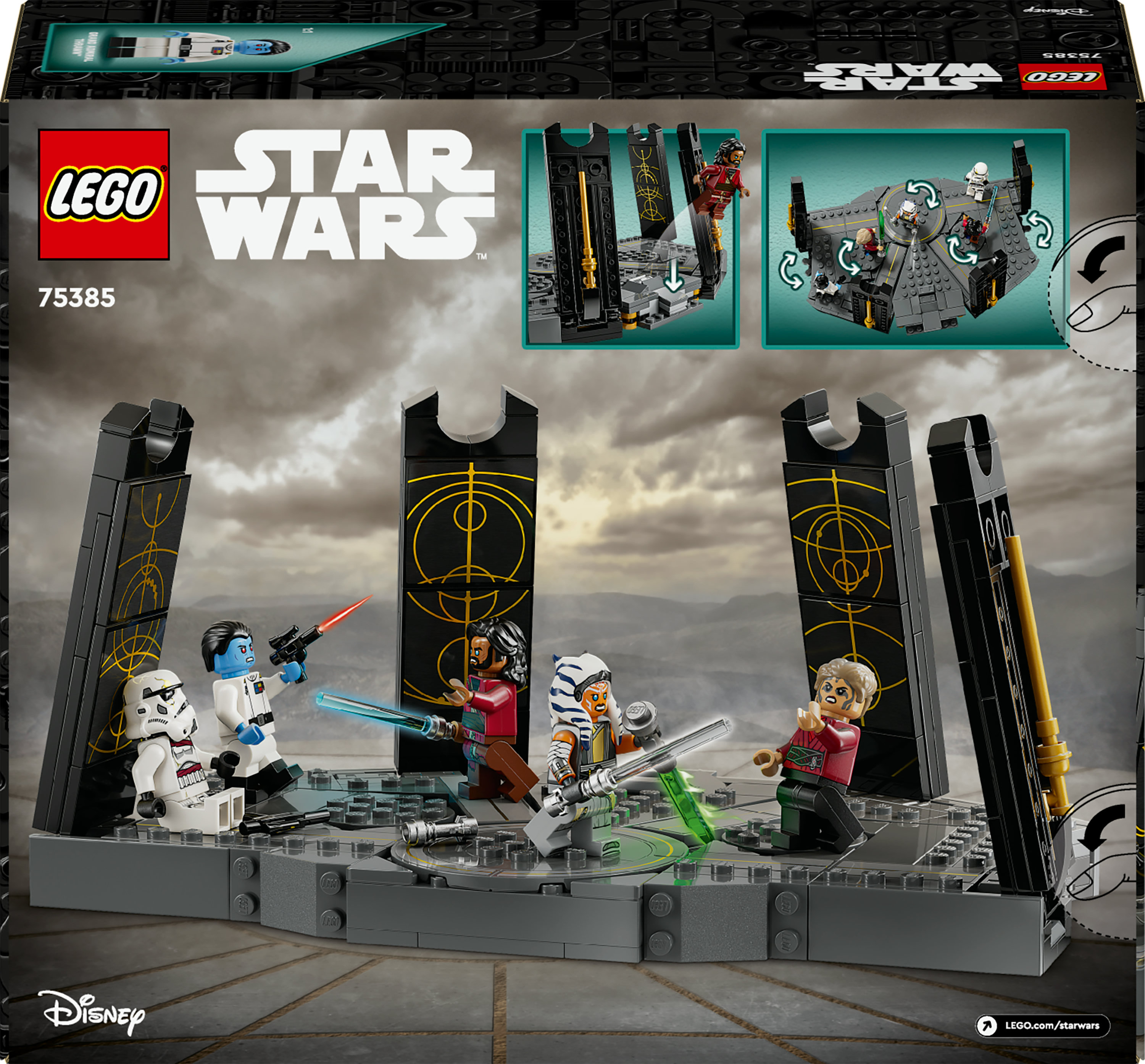 Set Lego Star Wars con personaggi, tra cui uno stormtrooper, che combattono davanti a pilastri. Lo sfondo mostra un cielo nuvoloso.