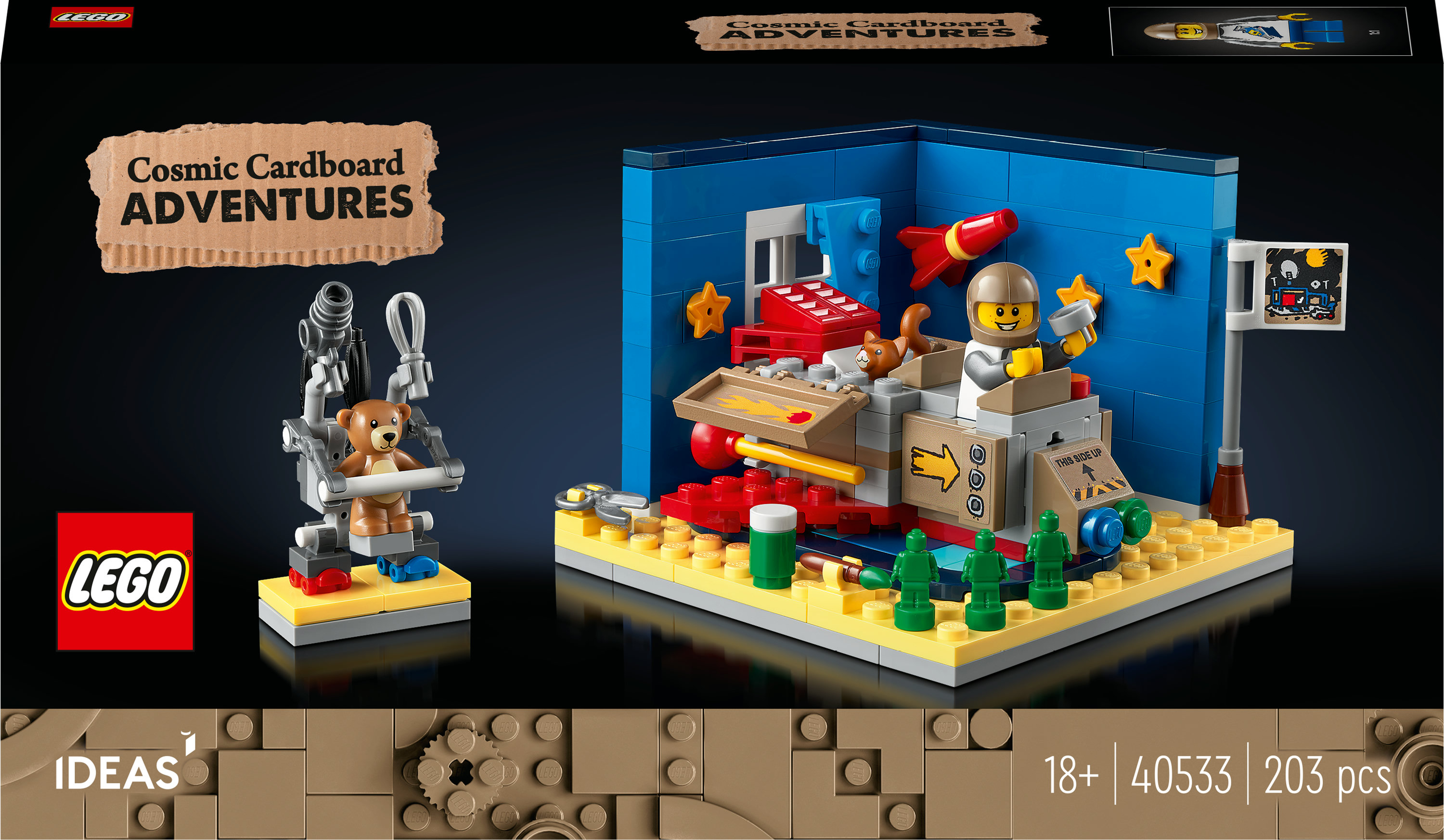 Bir Lego seti, robotik bir sandalyede bir oyuncak ayı ve bir roket ve astronot figürü ile bir uzay sahnesi ile kozmik bir macera sahnesini tasvir ediyor.