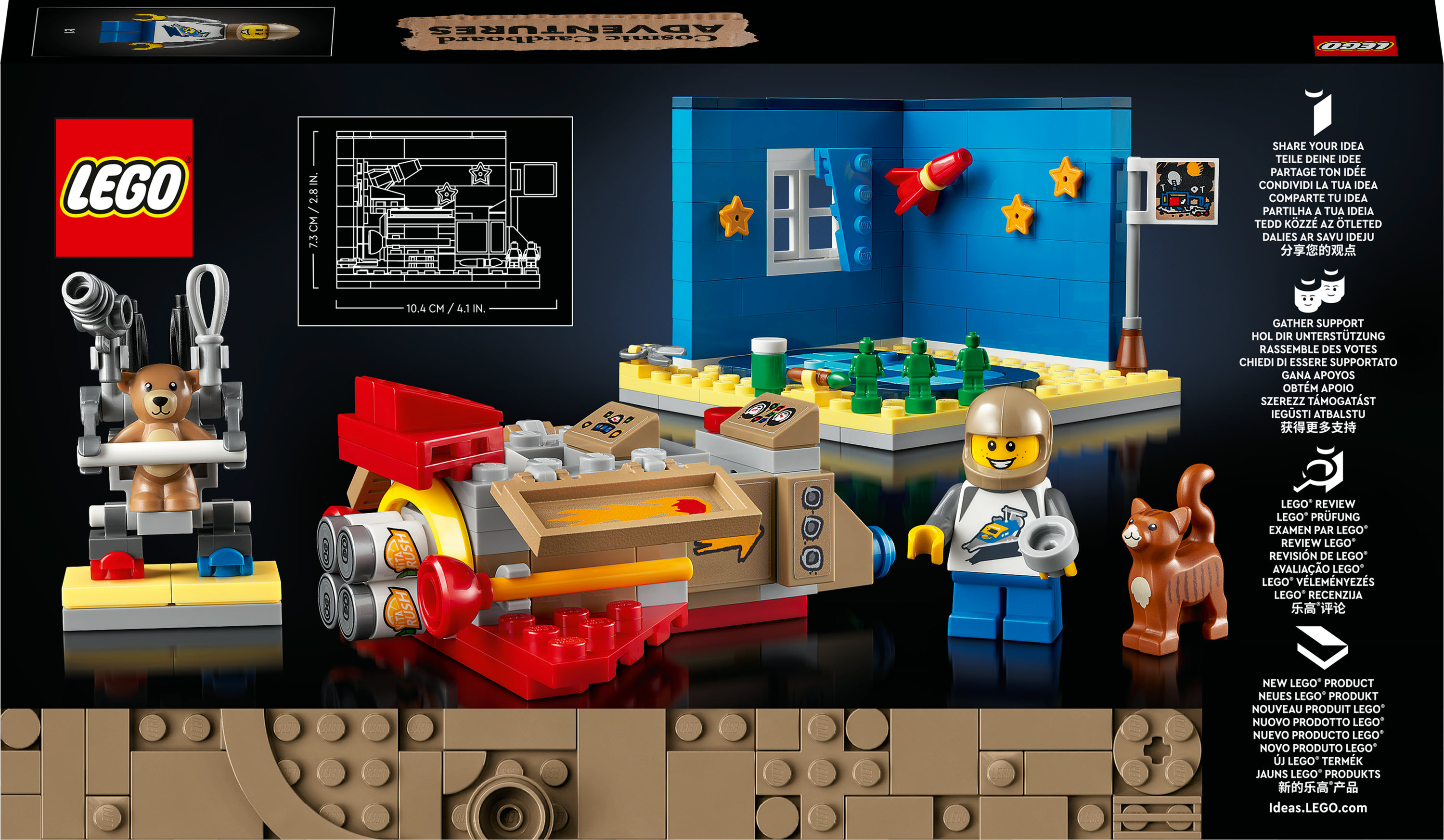 LEGO set kutusu. Oyuncak uzay gemisi, astronot, oyuncak ayı, kedi ve yıldızlı bir oda içerir.