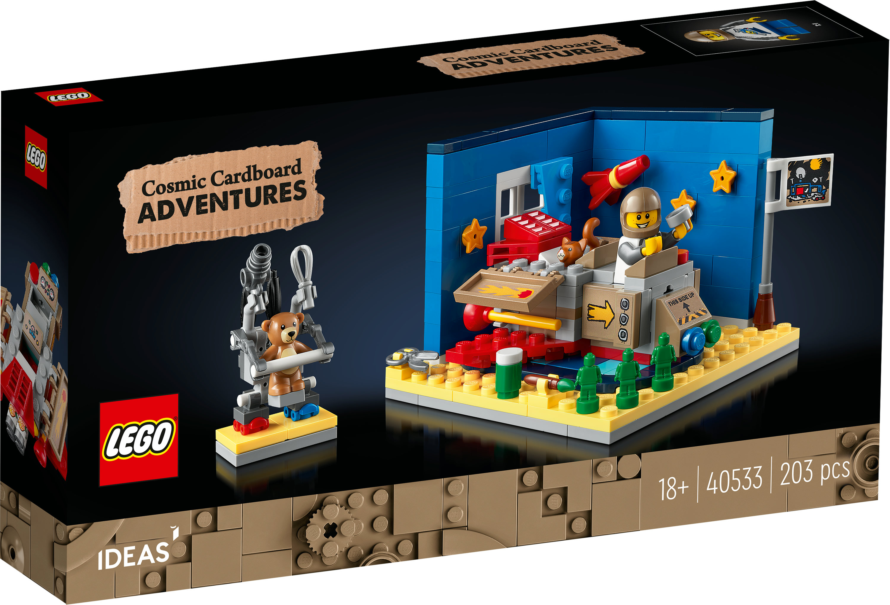 Lego kutu seti. Uzay gemisi, figürler ve solda bir oyuncak ayı içeren bir Lego sahnesi içerir. Setin adı 'Cosmic Cardboard Adventures'.