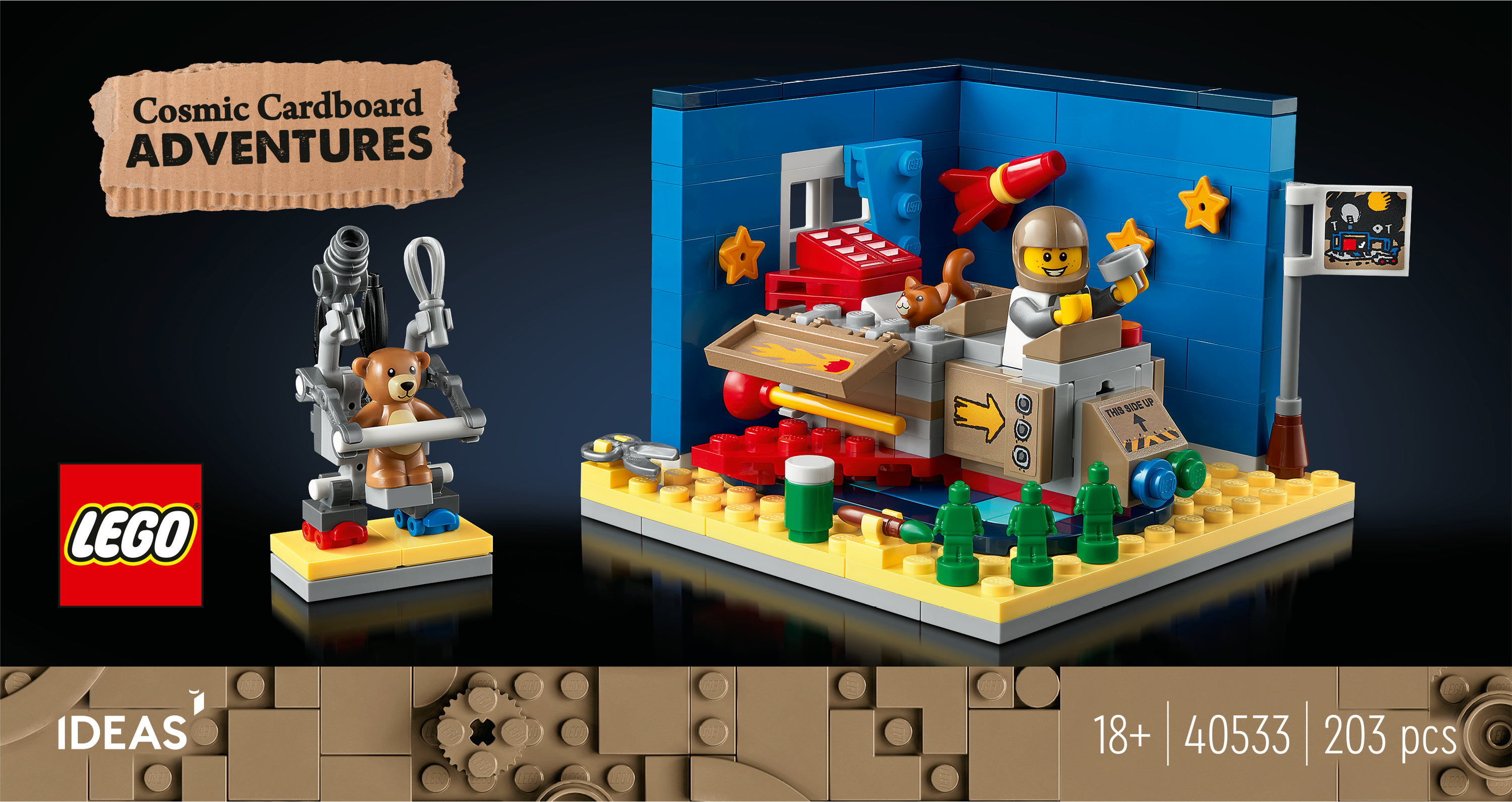 LEGO seti. Karton uzay macerası sahnesinde bir oyuncak ayı ve astronot. Bir roket, yıldızlar ve diğer LEGO öğeleri içerir.