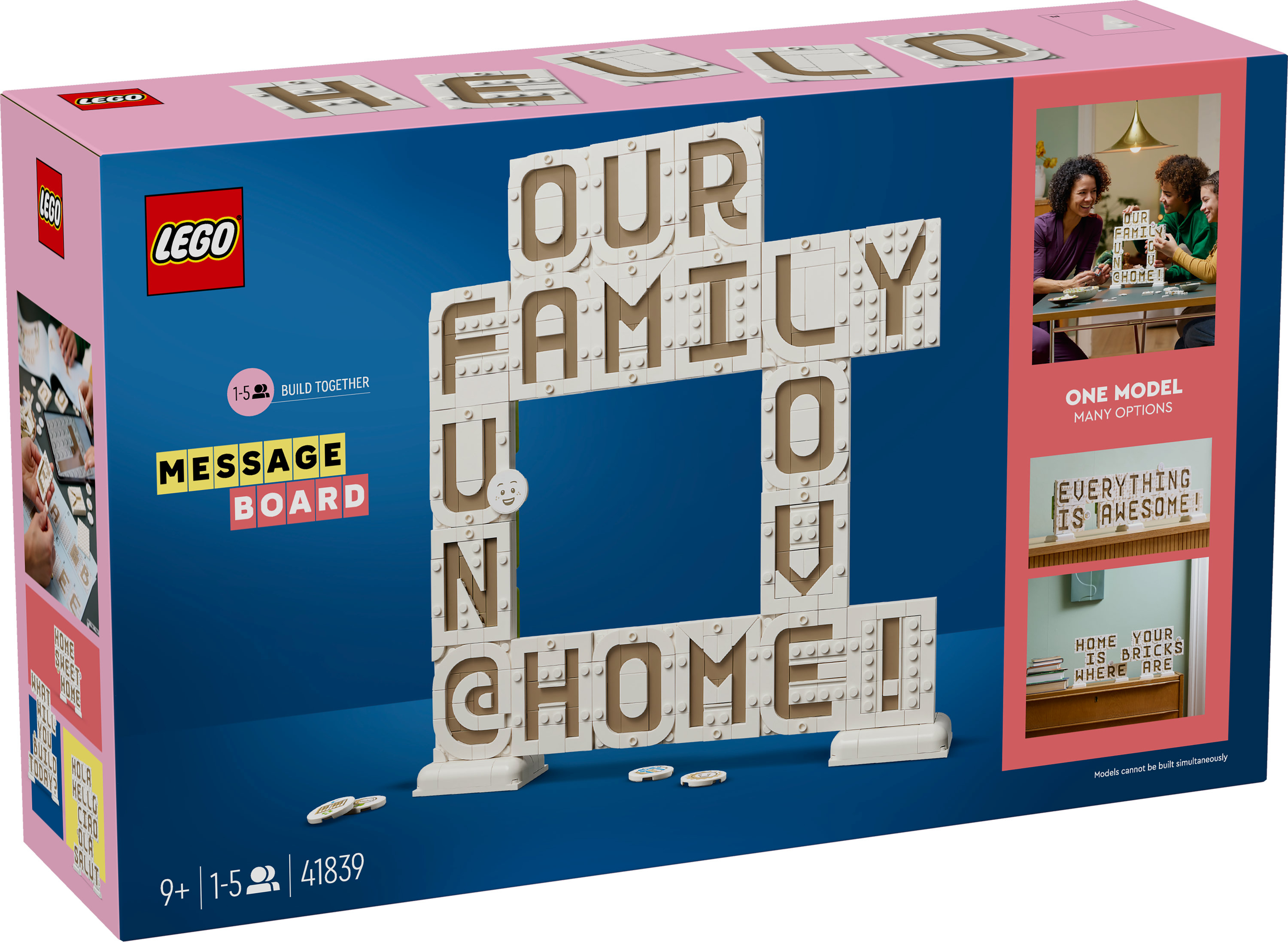 Bir Lego kutusu, 'OUR FAMILY @ HOME!' yazan, inşa edilebilir bir mesaj panosu gösteriyor. Ayrıca panoyu kullanan insanların görüntüleri de var.
