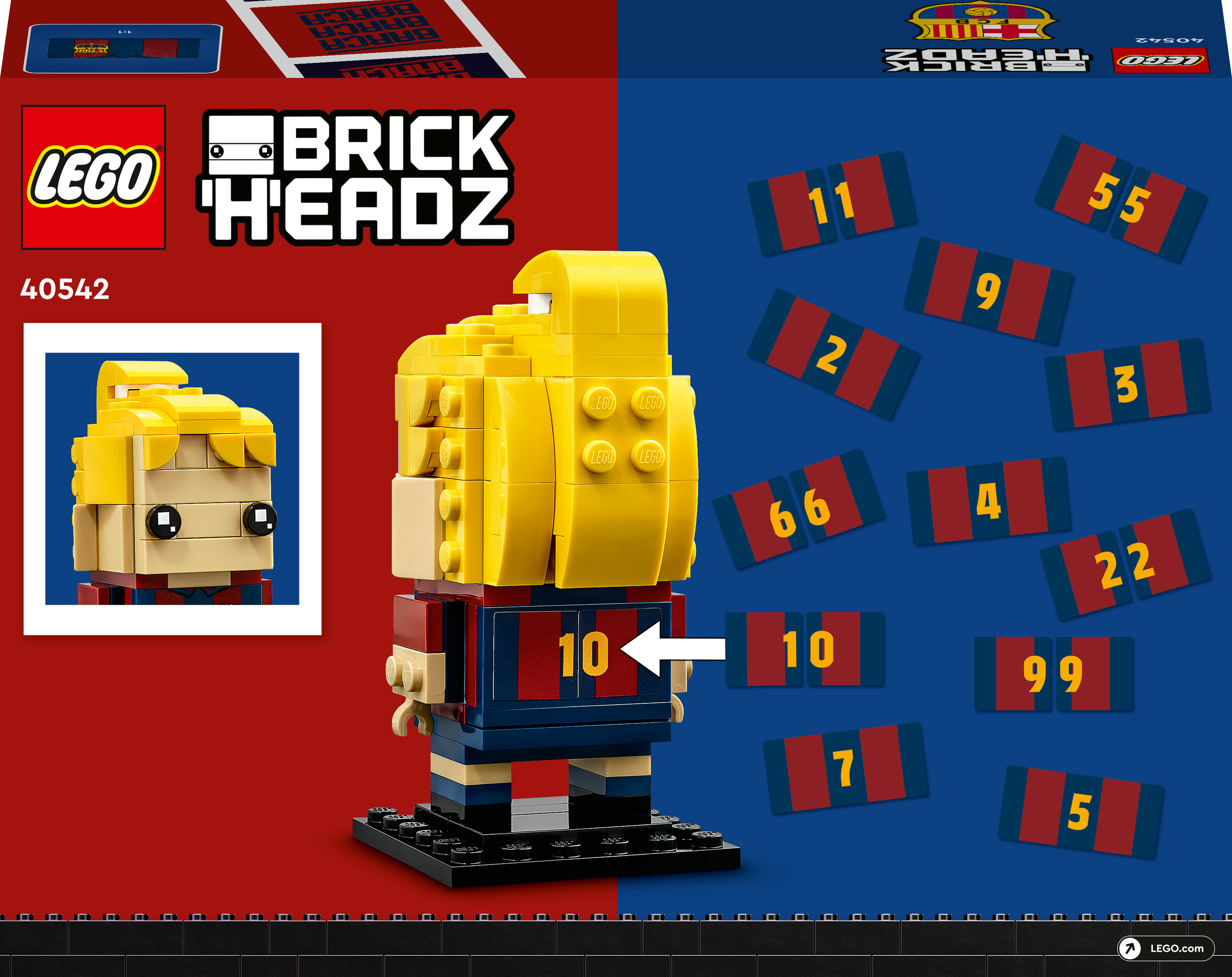 Bir futbolcunun Lego BrickHeadz figürü. Figürün sarı saçları var ve 10 numaralı bir forma giyiyor.