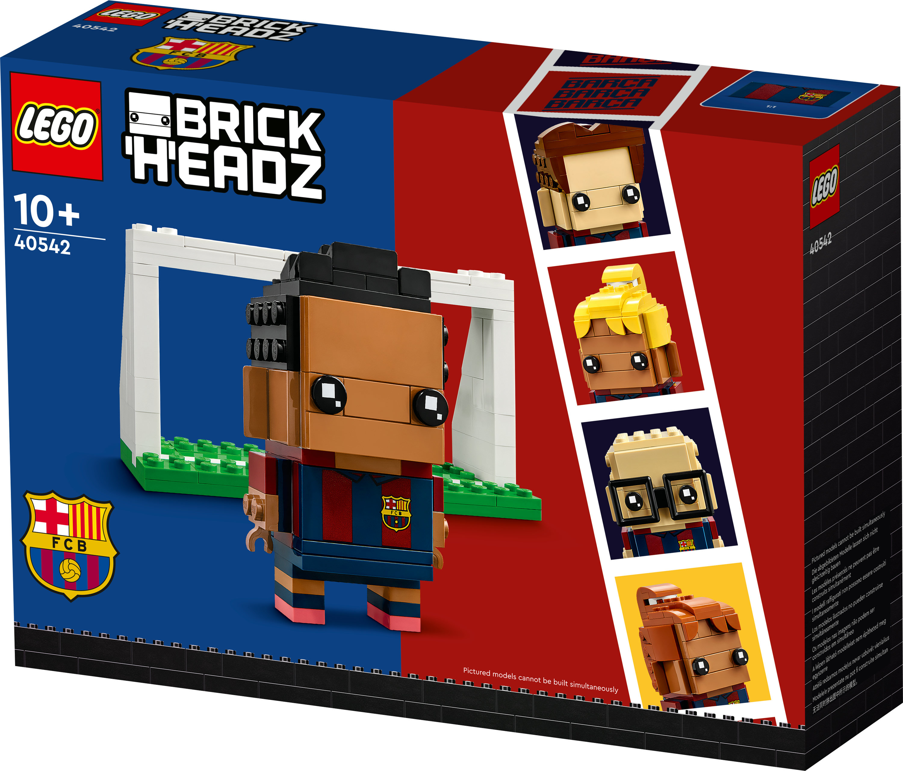 Lego BrickHeadz seti. Futbolcu figürü, beyaz kale ve diğer oyuncuların kafaları kutuda gösteriliyor.