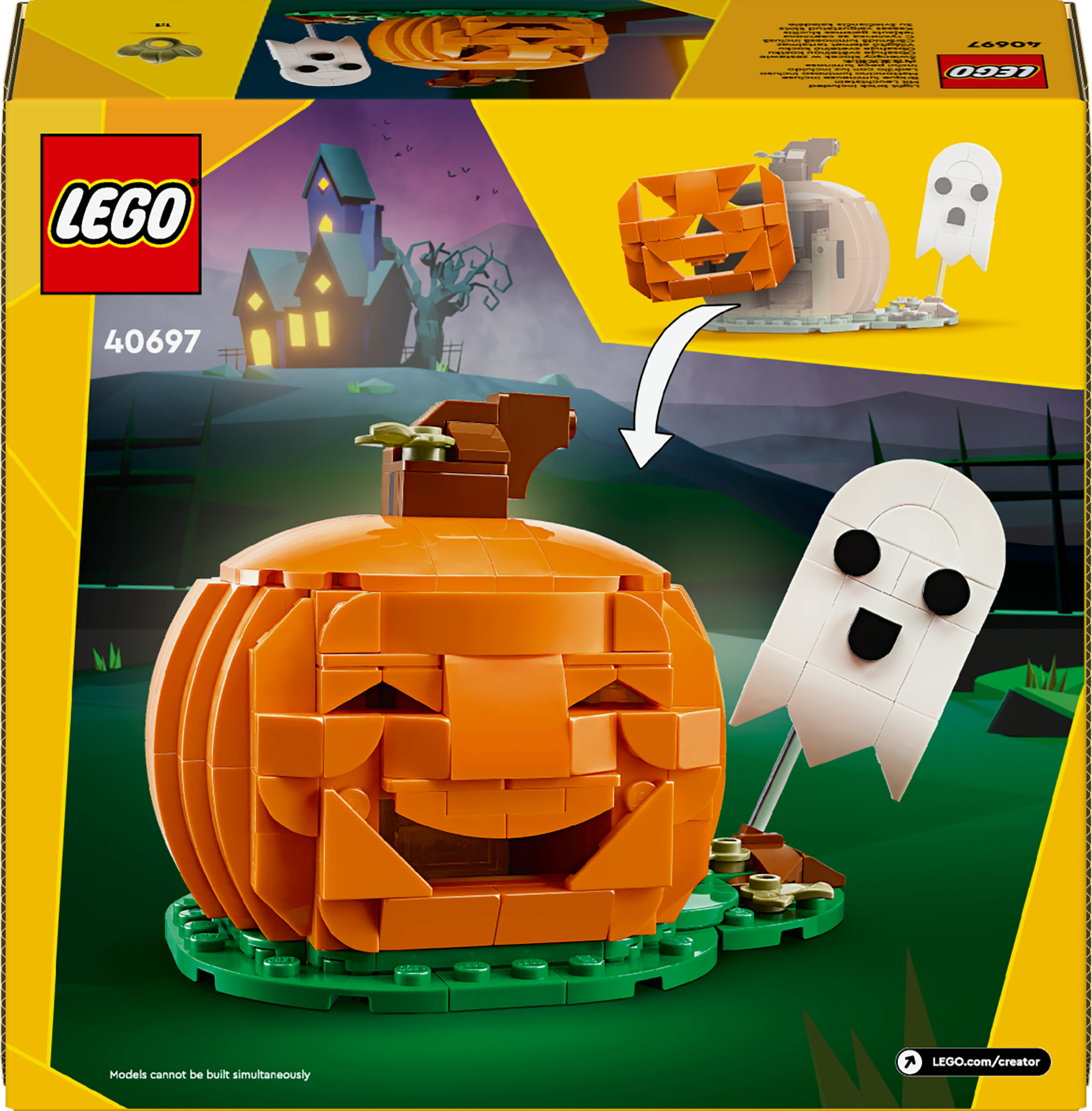 Scatola LEGO con una grande zucca arancione e un fantasma bianco, entrambi costruiti con mattoncini LEGO, su sfondo di Halloween.