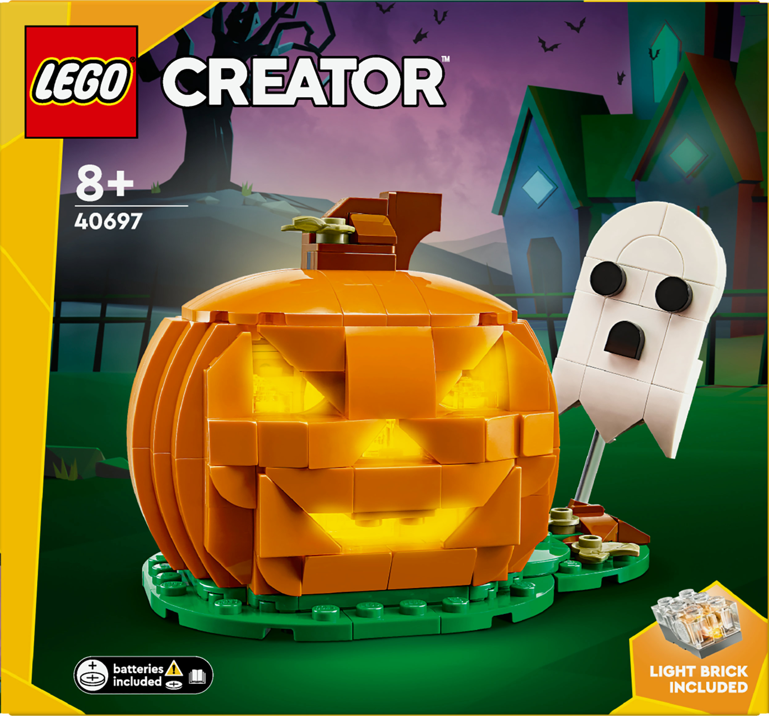 Set Lego Creator di Halloween con zucca arancione, fantasma bianco e base verde con sfondo casa stregata.