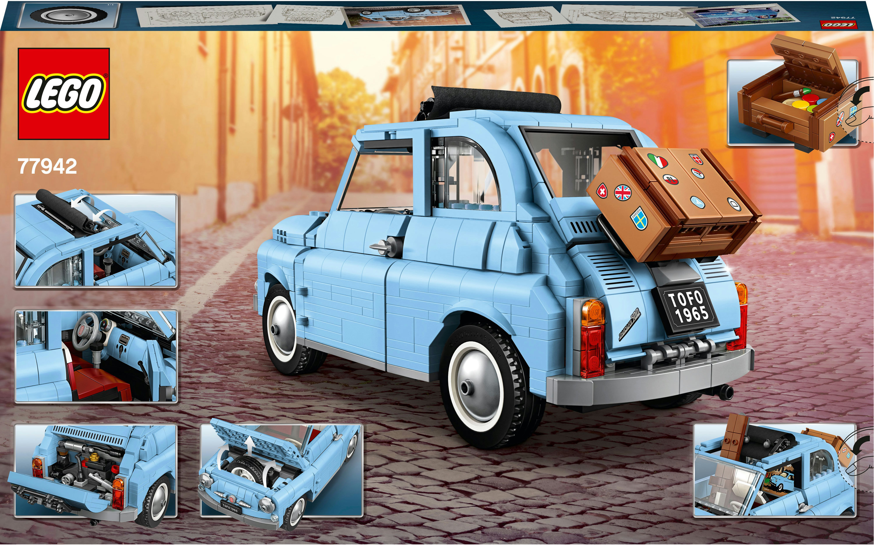 Arkasında bavul olan, Avrupa sokağı manzarasına sahip açık mavi bir LEGO Fiat 500 modeli.
