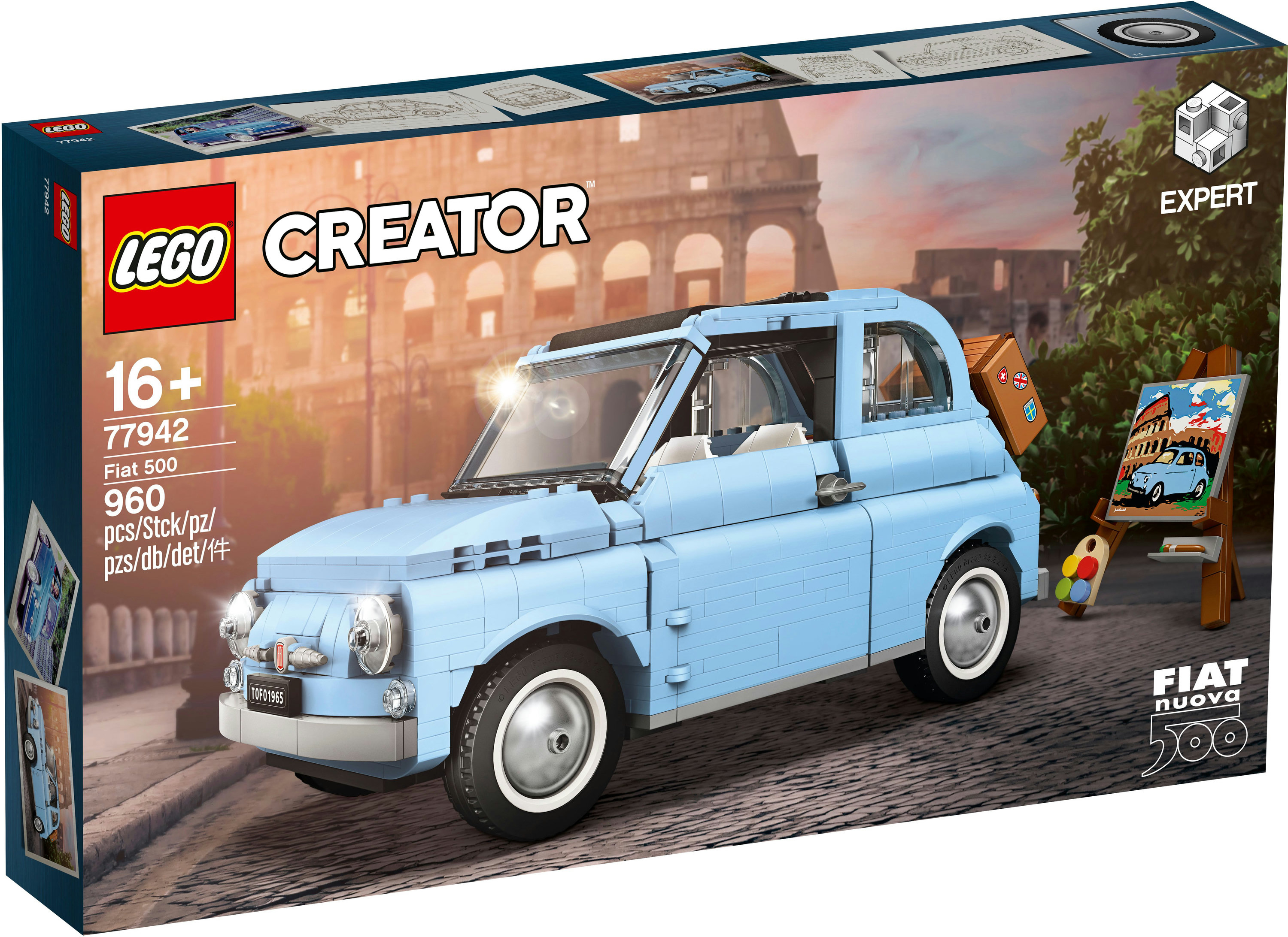 Açık mavi bir Fiat 500 Lego Creator seti, onun bir resmi ve arka planda Kolezyum ile.