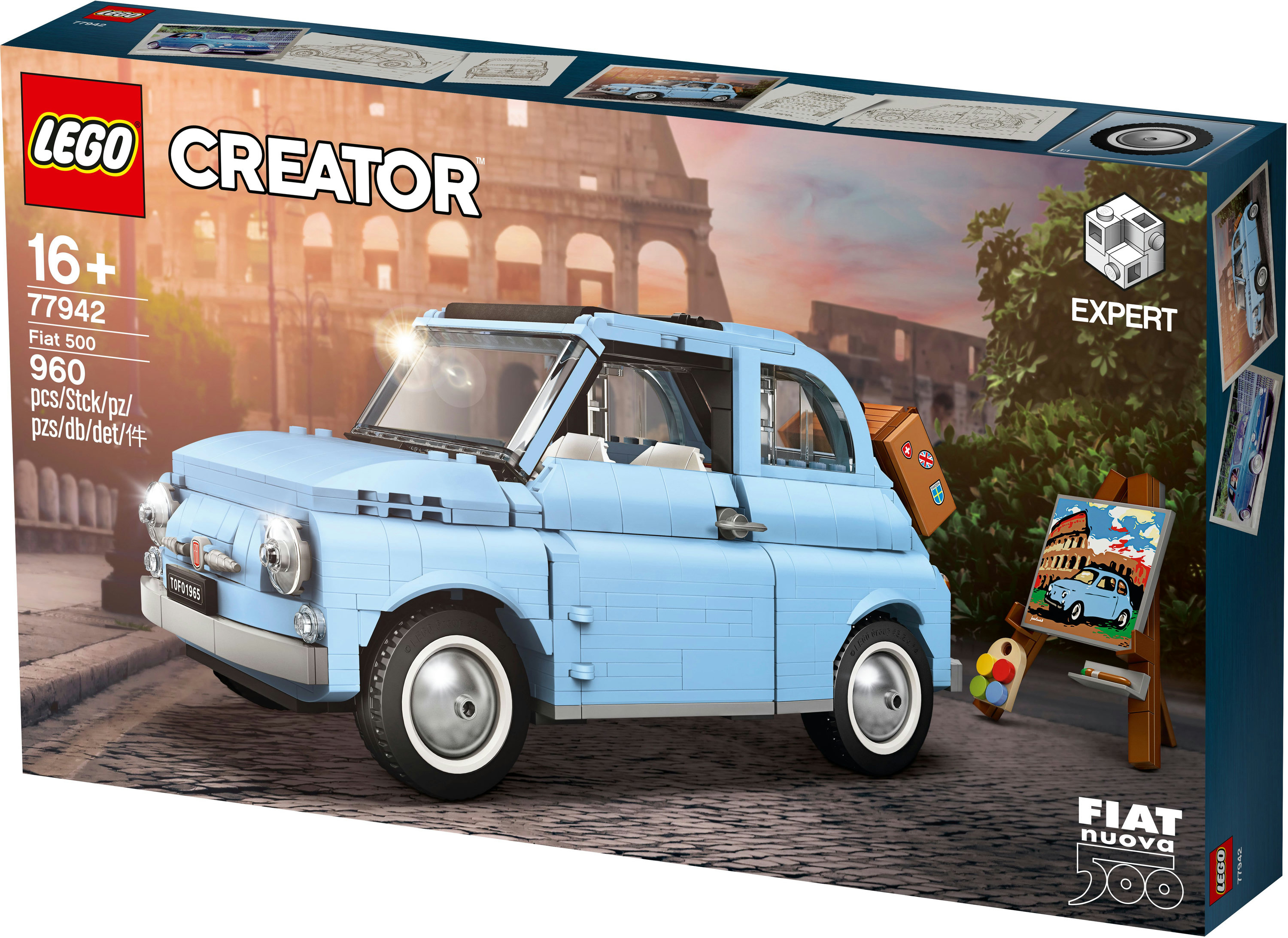Açık mavi renkli bir Lego Creator Fiat 500 modeli, bavul ve şövale ile. Arka plan bulanık bir Kolezyum gösteriyor.