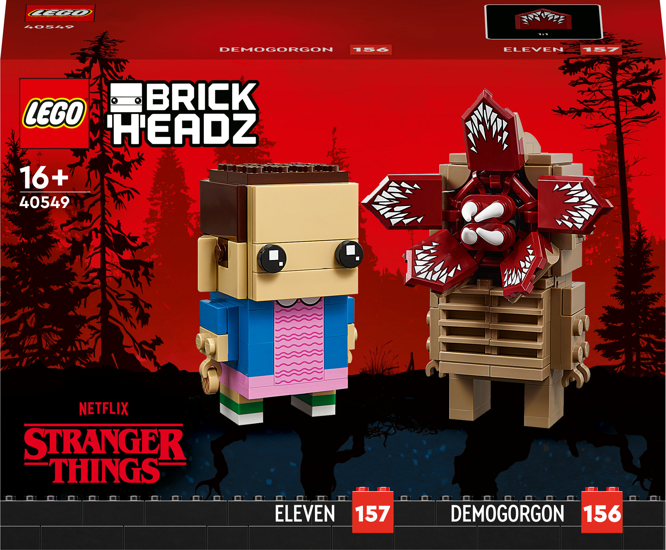 LEGO BrickHeadz set van Eleven en Demogorgon uit Stranger Things. Eleven heeft een roze jurk en blauwe jas, Demogorgon heeft een rode kop.