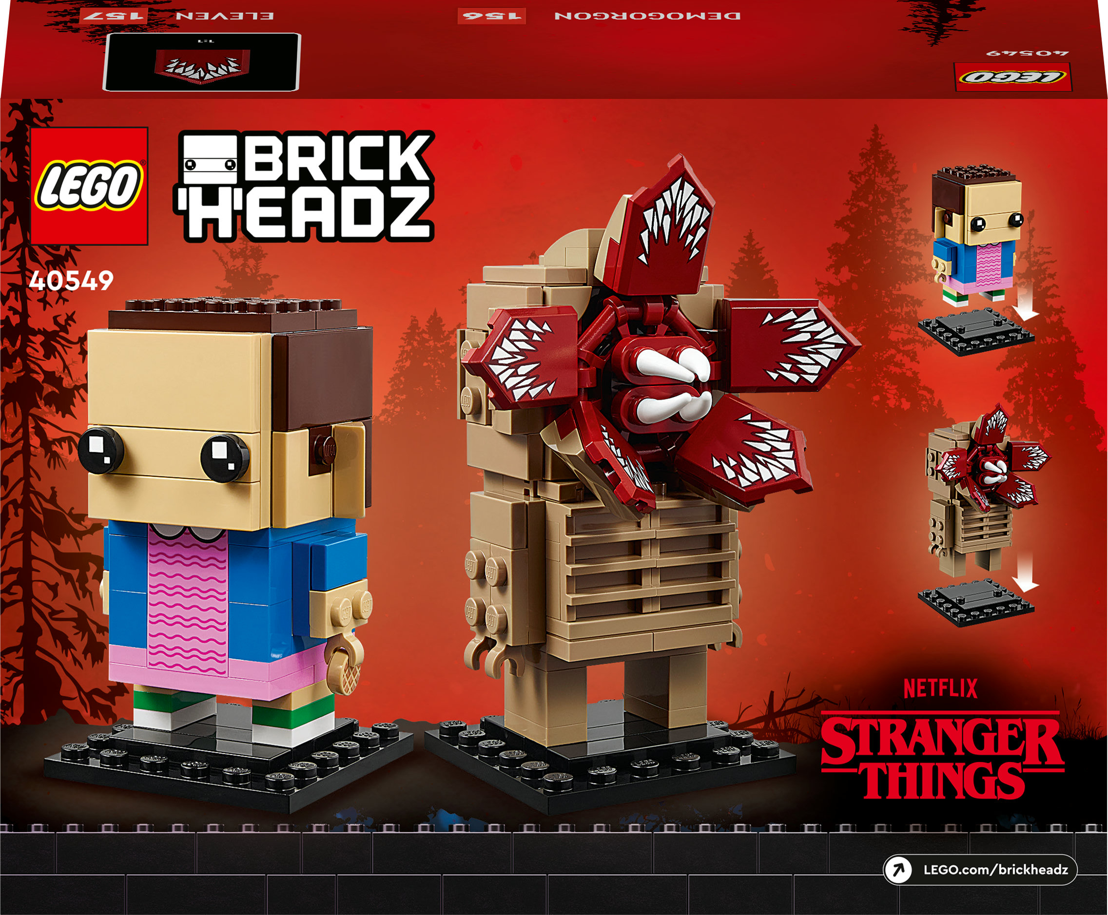 Lego Stranger Things BrickHeadz set. Elf en Demogorgon figuren op zwarte bases, de doos in rood met Lego en Netflix logo's.