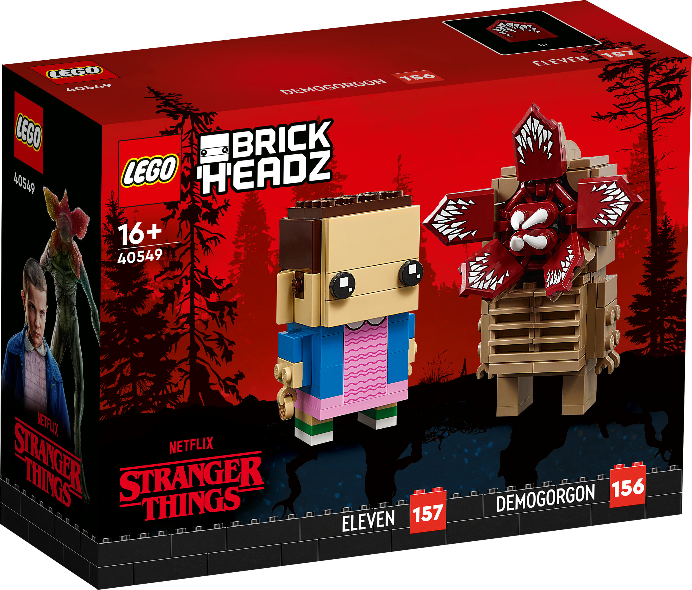 Lego Stranger Things BrickHeadz set doos. Elf en Demogorgon figuren staan afgebeeld, met rode achtergrond en het logo.