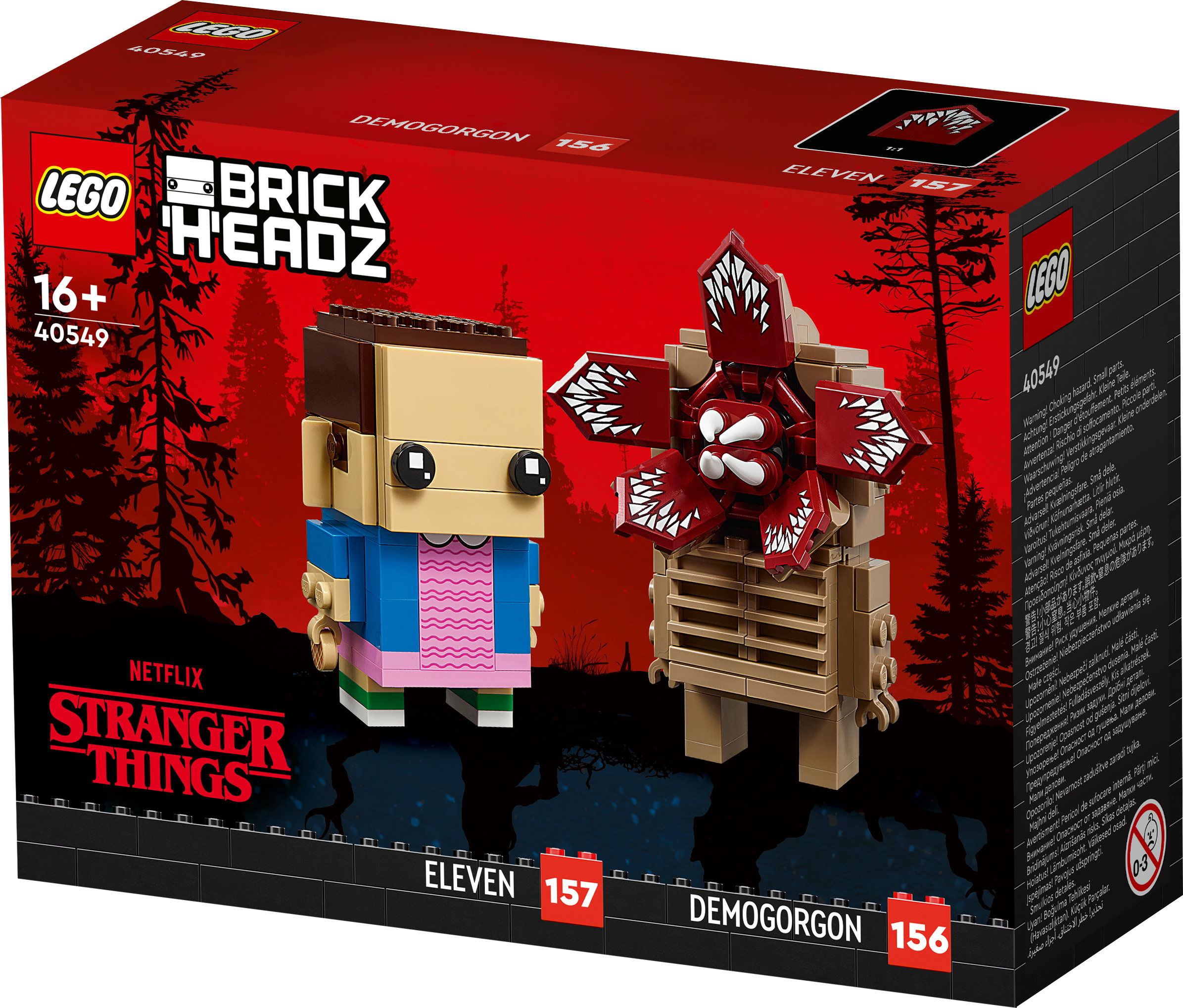 Lego doos. Eleven en Demogorgon BrickHeadz figuren op de voorkant tegen rode achtergrond.