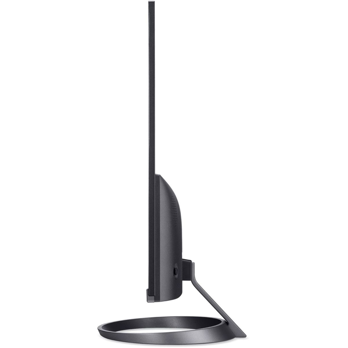 Side view of a black computer monitor on a white background. The monitor is standing on a round base with a thin stand.