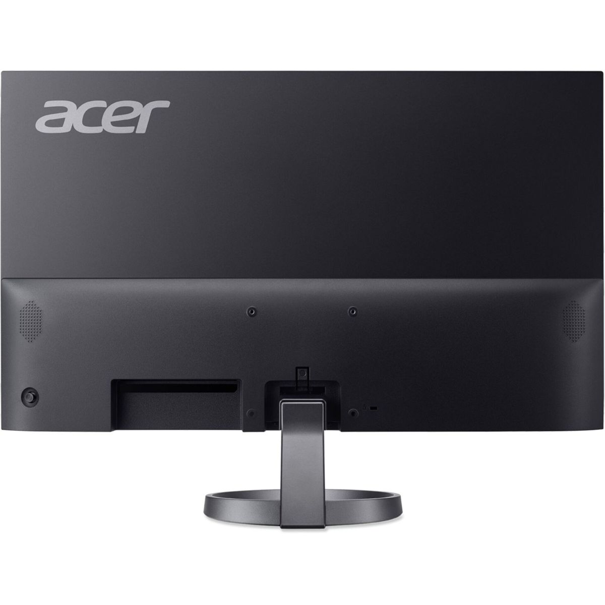 Back of a black Acer monitor. Acer logo at the top. Includes stand and various ports. The monitor is on a white background.