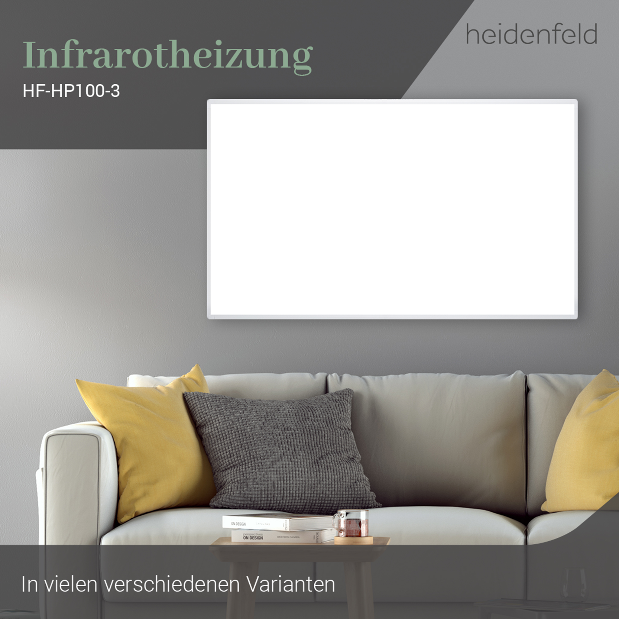Ein weißer rechteckiger Heizkörper an einer grauen Wand über einem Sofa mit gelben und grauen Kissen. Text: Infrarotheizung.