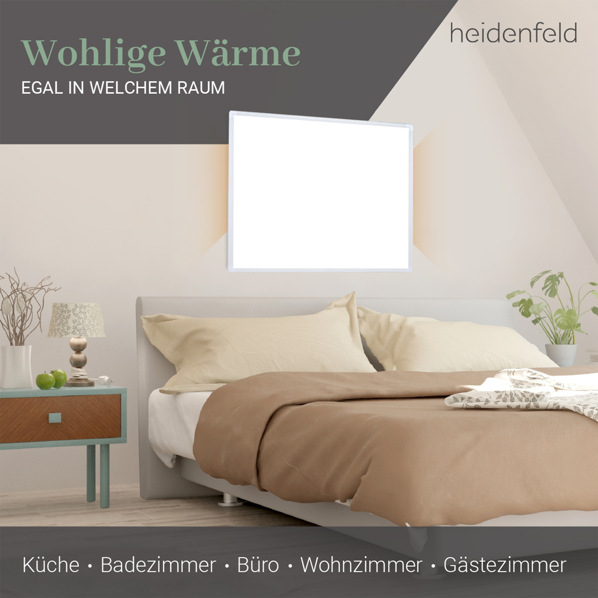 Schlafzimmer mit Bett, Heizung an der Wand, Nachttisch und Text unten.