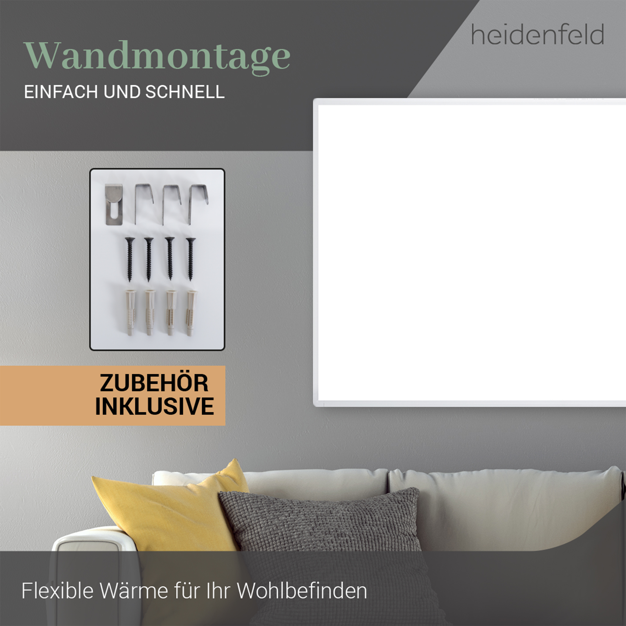 Das Bild zeigt Montagezubehör, Schrauben und Wandanker. Ein weißes Heizpaneel ist über einem Sofa mit Kissen montiert.