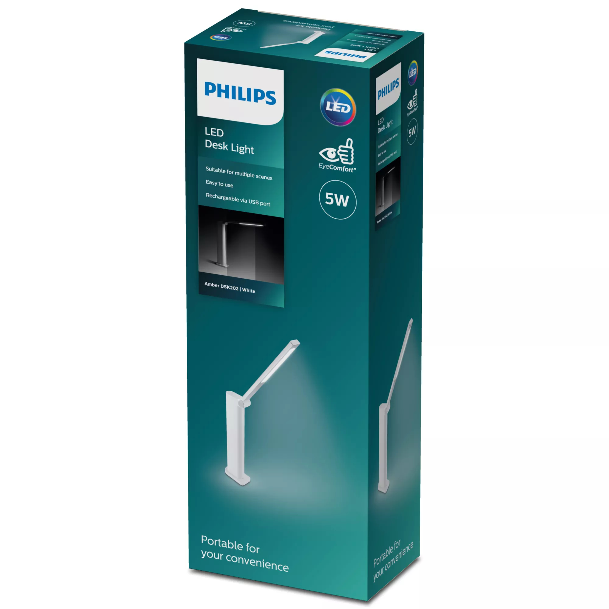 Verpackte Philips LED-Schreibtischlampe. Weiße Lampenillustration. Text enthält 'LED-Schreibtischlampe', 'EyeComfort' und '5W'.