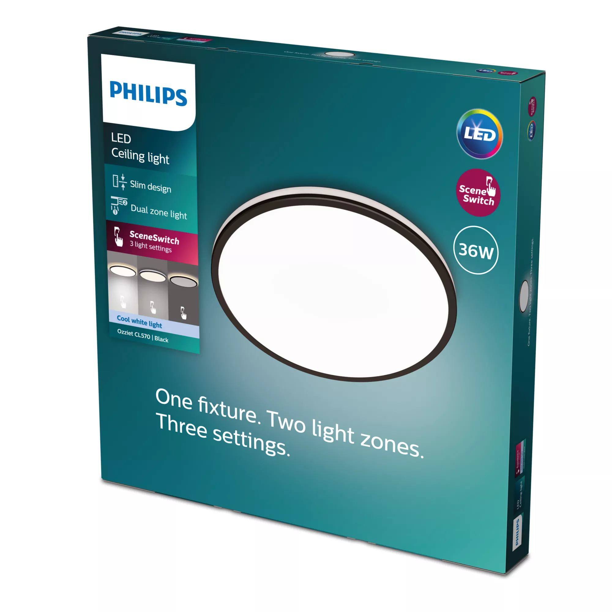 Una caja de luz de techo LED Philips. Muestra la luz, las características y la configuración. La luz es redonda y blanca.