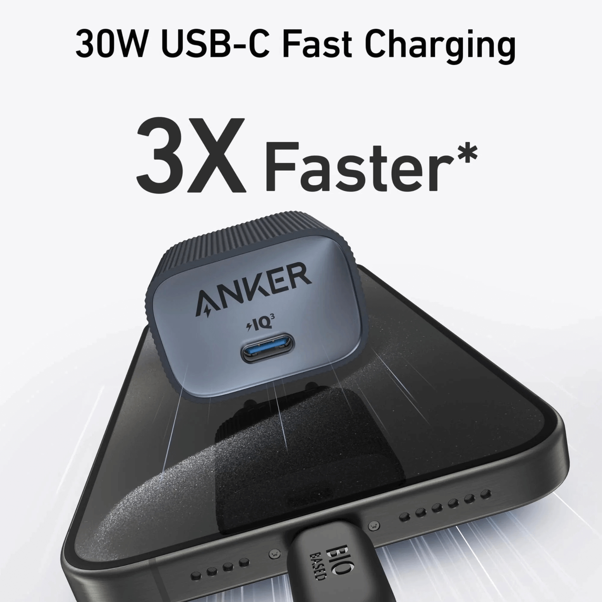 Ein Anker-Ladegerät liegt auf einem Telefon. Der Text lautet '30W USB-C Fast Charging' und '3X Faster'.