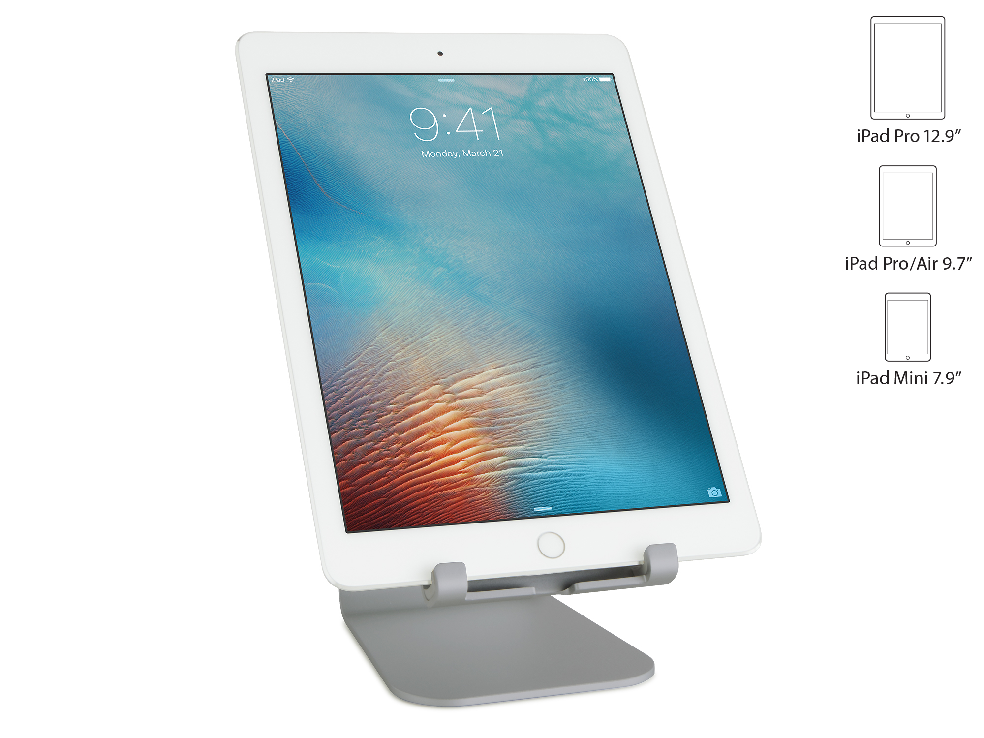 An iPad on a stand displays 9:41, March 21. Three iPad sizes are shown on the right: Pro 12.9", Pro/Air 9.7", and Mini 7.9".