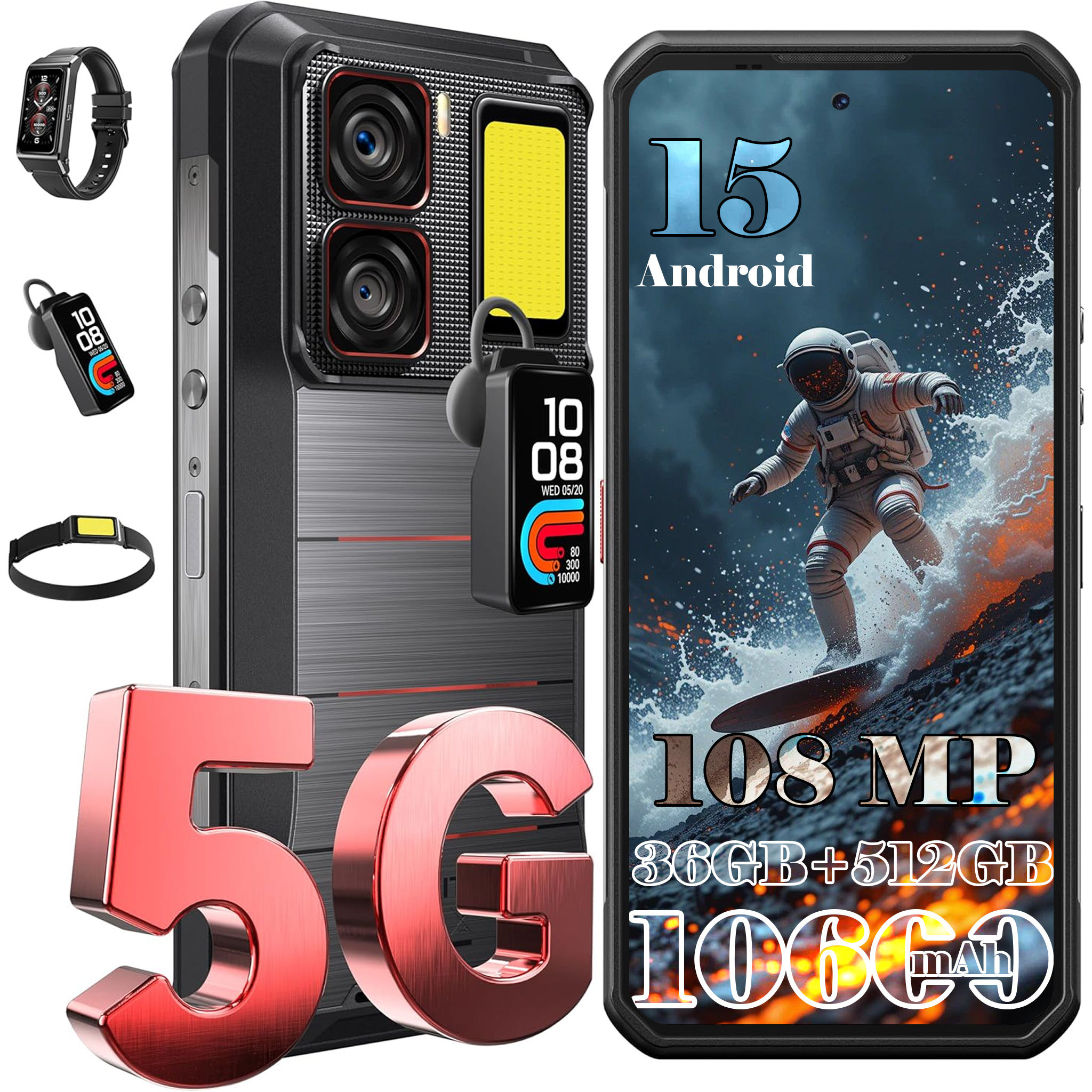 Uno smartphone con un astronauta che fa surf, 5G e accessori tecnologici. Le specifiche includono fotocamera da 108MP, 36GB+512GB e 10600mAh.