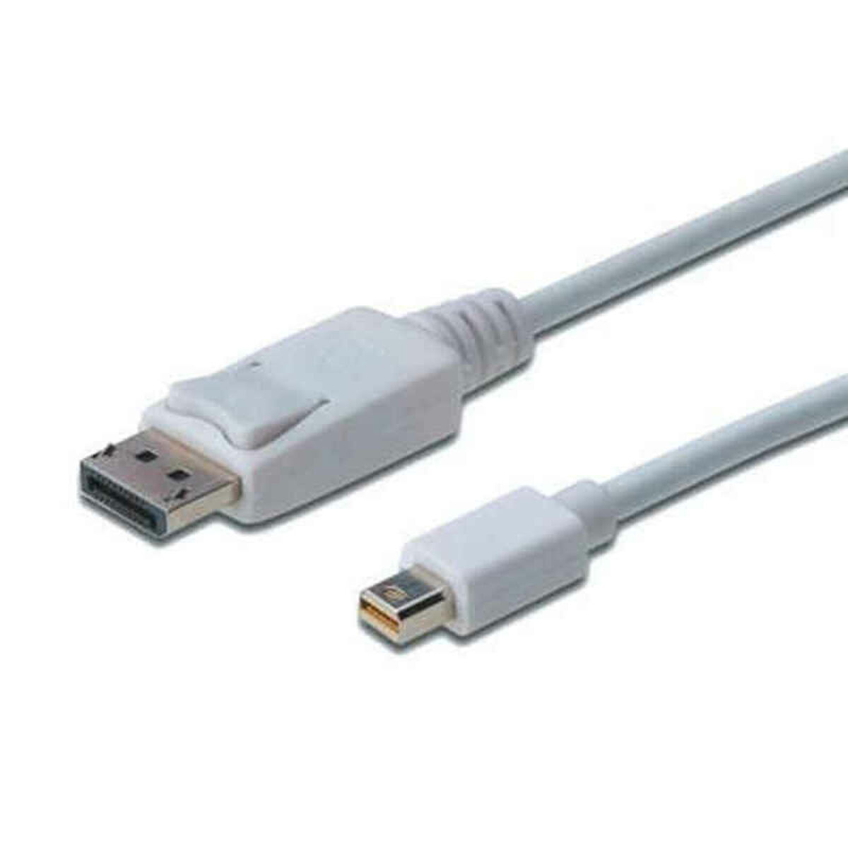 Un cavo DisplayPort bianco con un connettore più grande e un connettore Mini DisplayPort più piccolo, entrambi rivolti in basso a sinistra.