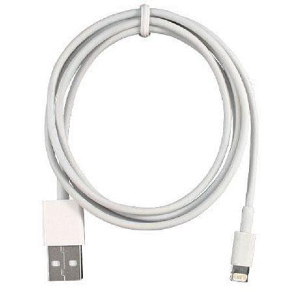 Un cavo di ricarica USB bianco è avvolto a cerchio. Un'estremità ha un connettore USB, l'altra un connettore Lightning.