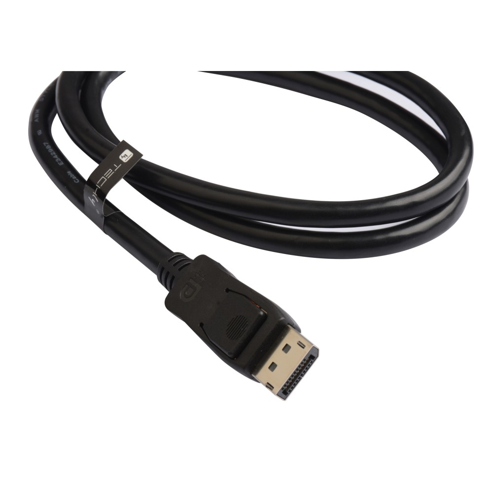 Een zwarte DisplayPort-kabel op een witte achtergrond. De connector is onder een hoek, met zijn metalen pinnen. De kabel is in een lus.