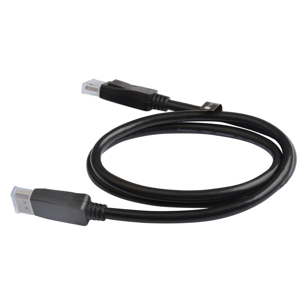 Een zwarte DisplayPort-kabel ligt op een wit oppervlak. Er zitten connectoren aan beide uiteinden. De kabel is gebogen.