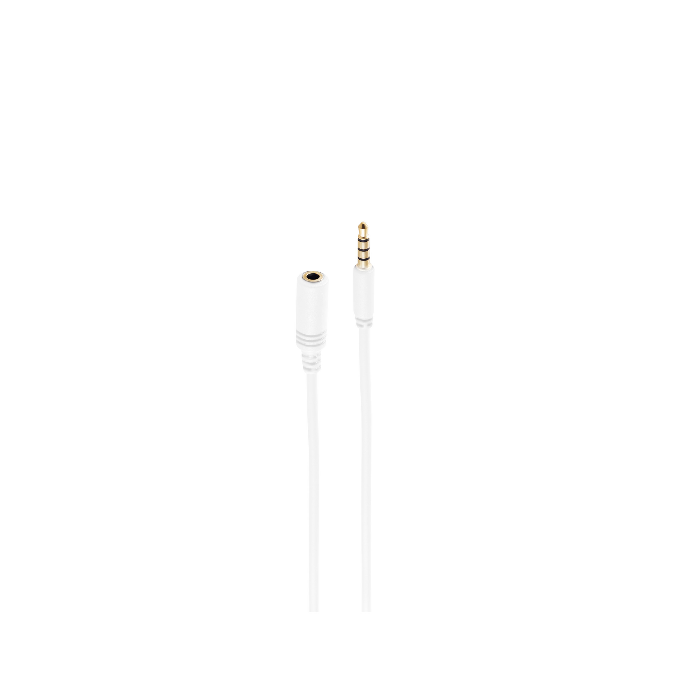 Ein weißer Audioadapter mit zwei Enden: eine Buchse und ein Stecker, mit goldenen Akzenten am Stecker.