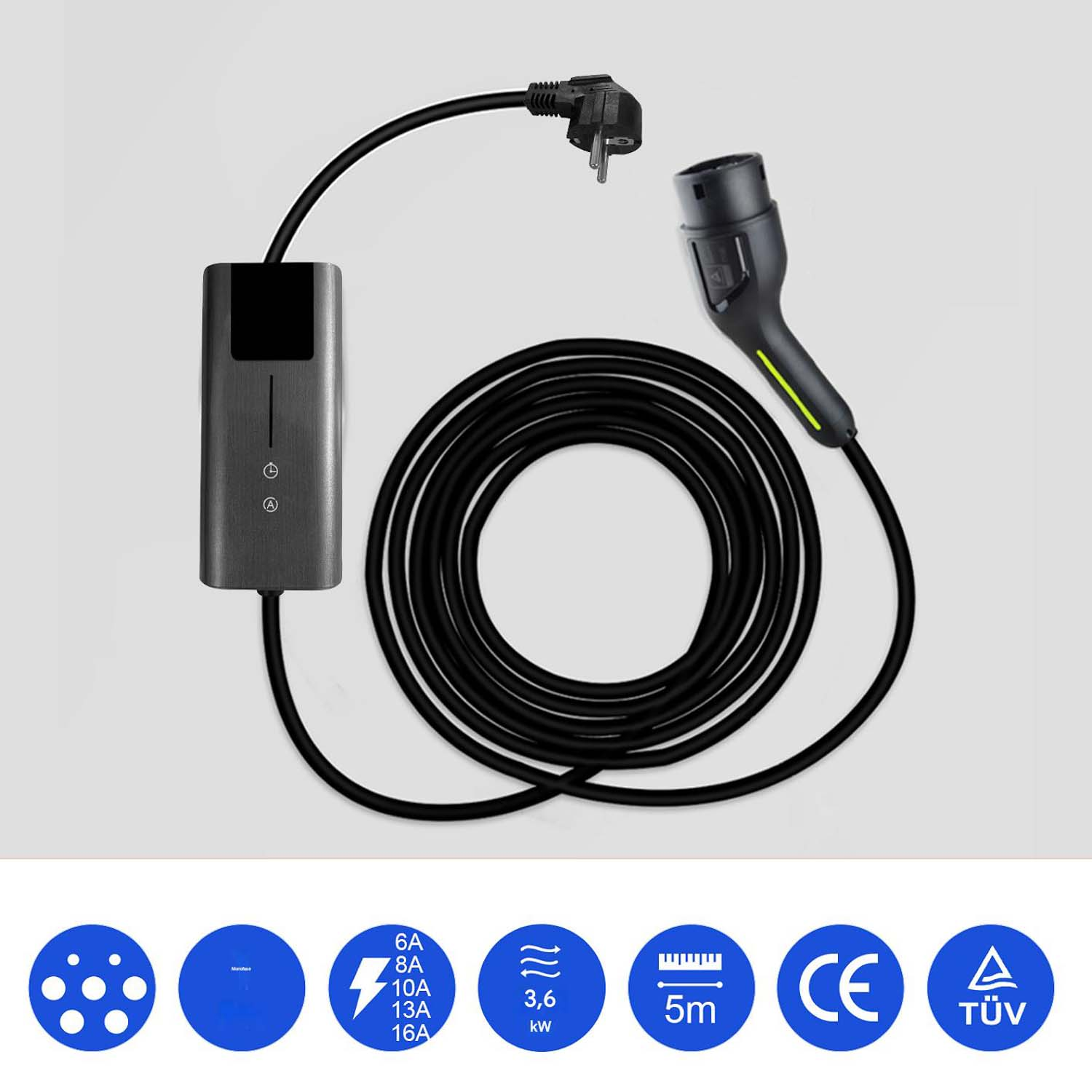 Cavo di ricarica EV nero con centralina e spina. Icone specifiche e certificazioni in basso. Sfondo bianco.