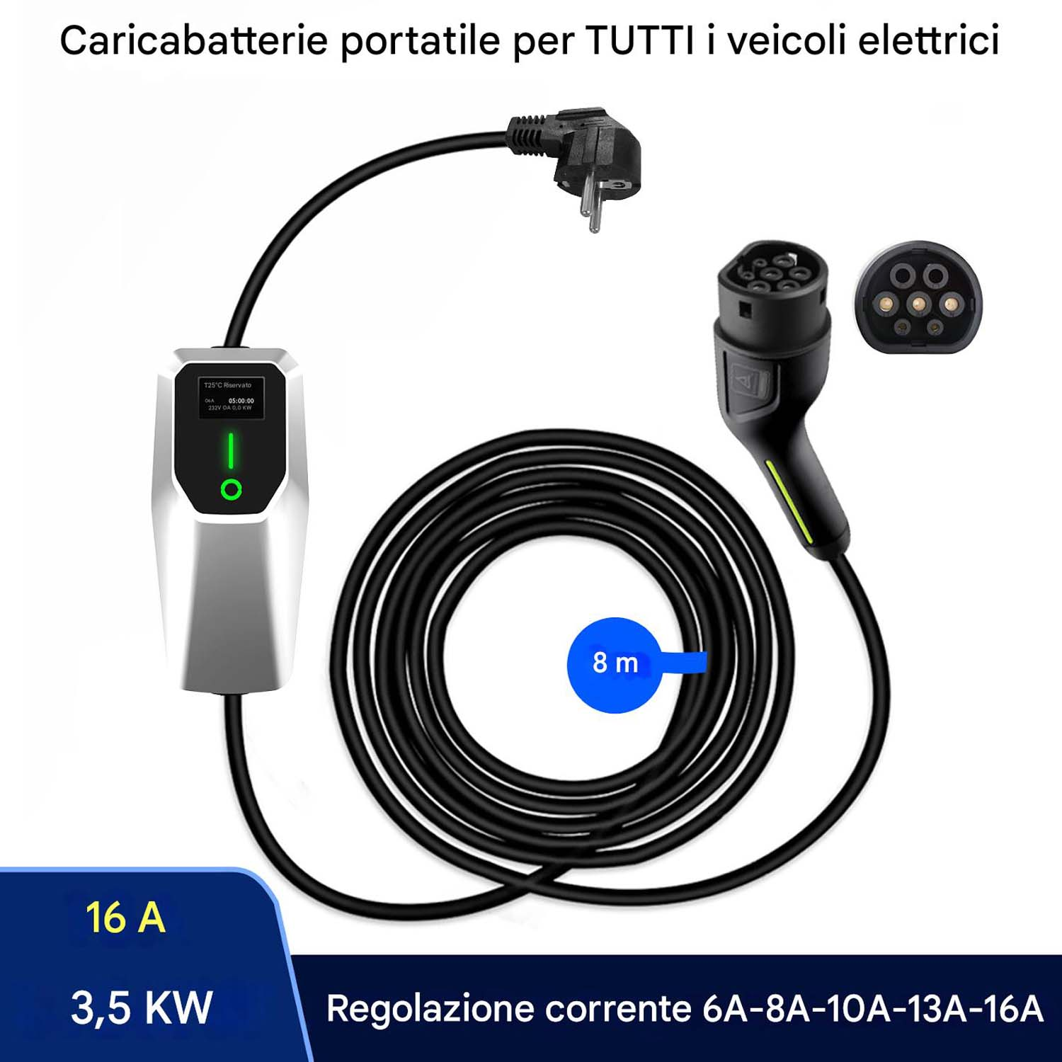 Caricabatterie portatile per veicoli elettrici. Cavo, spina, display e connettore. Visualizza specifiche e impostazioni.